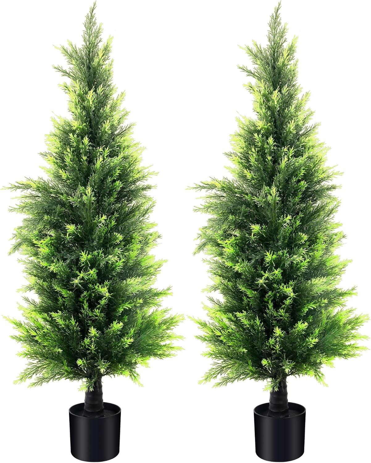 4FT 2-Pack Artificial Cedar Topiary Trees UV Resistant Potted Shrubs Fake Plants, Faux Pine Tree Plant for Home Office Garden Front Porch Patio Indoor Outdoor Party Wedding  Decor