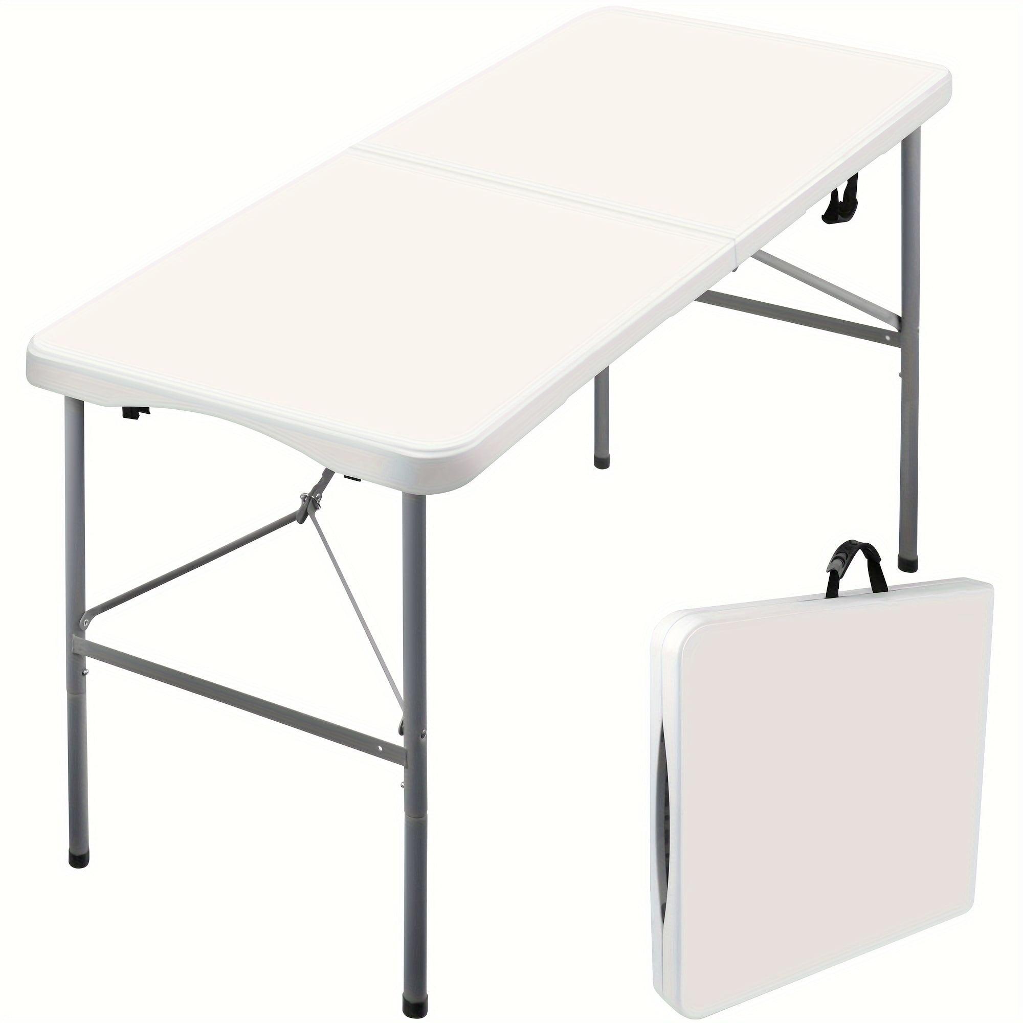4 ft Portable Folding Table, Idustrial Heavy-Duty Foldable Table, HDPE Plastic Table, with Carrying Handle, Locks, Stright Legs for Indoor & Outdoor Party, Barbeque, Camping, Board Games - White