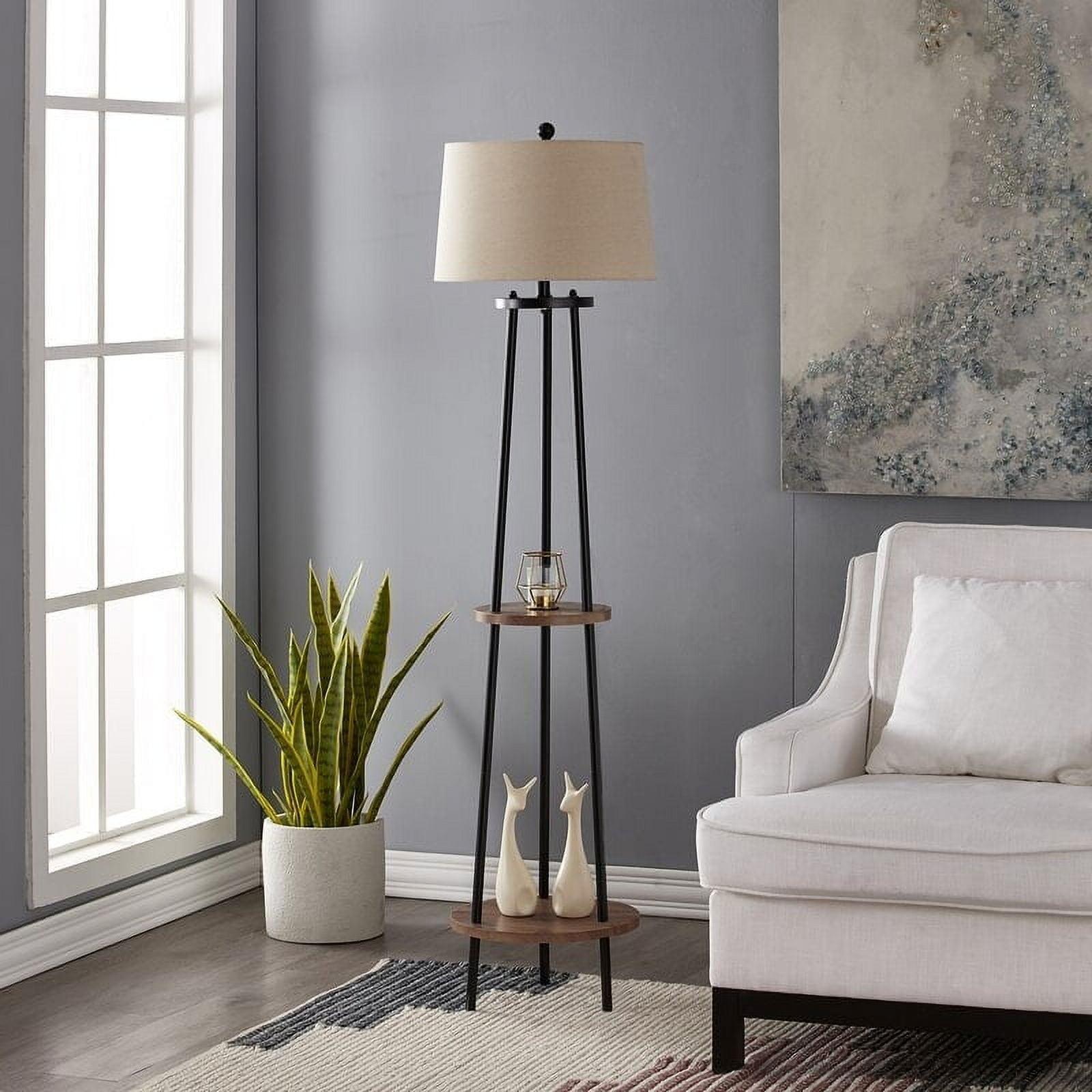 Black Metal Tripod Floor Lamp with Wooden Shelves and Linen Shade