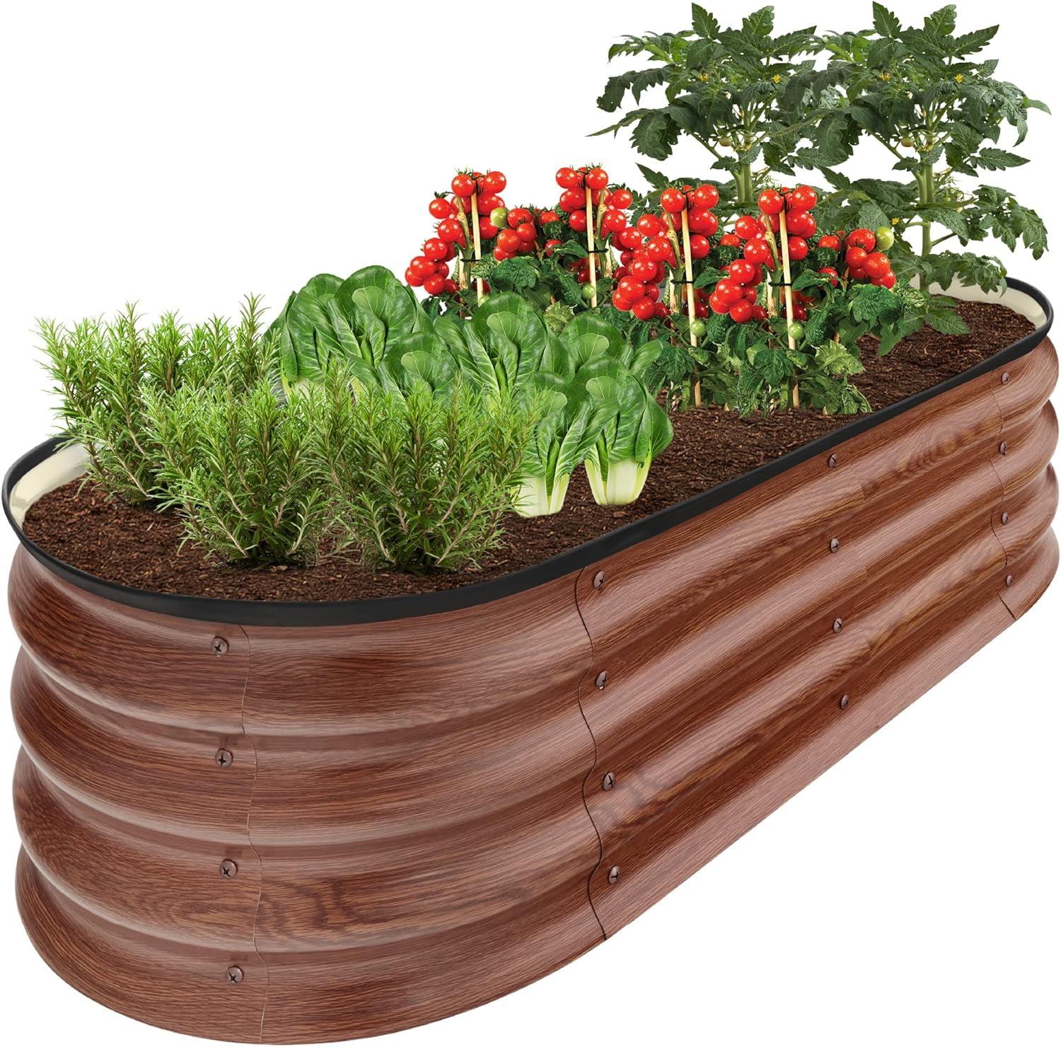 Wood Grain Oval Metal Raised Garden Bed for Vegetables and Herbs