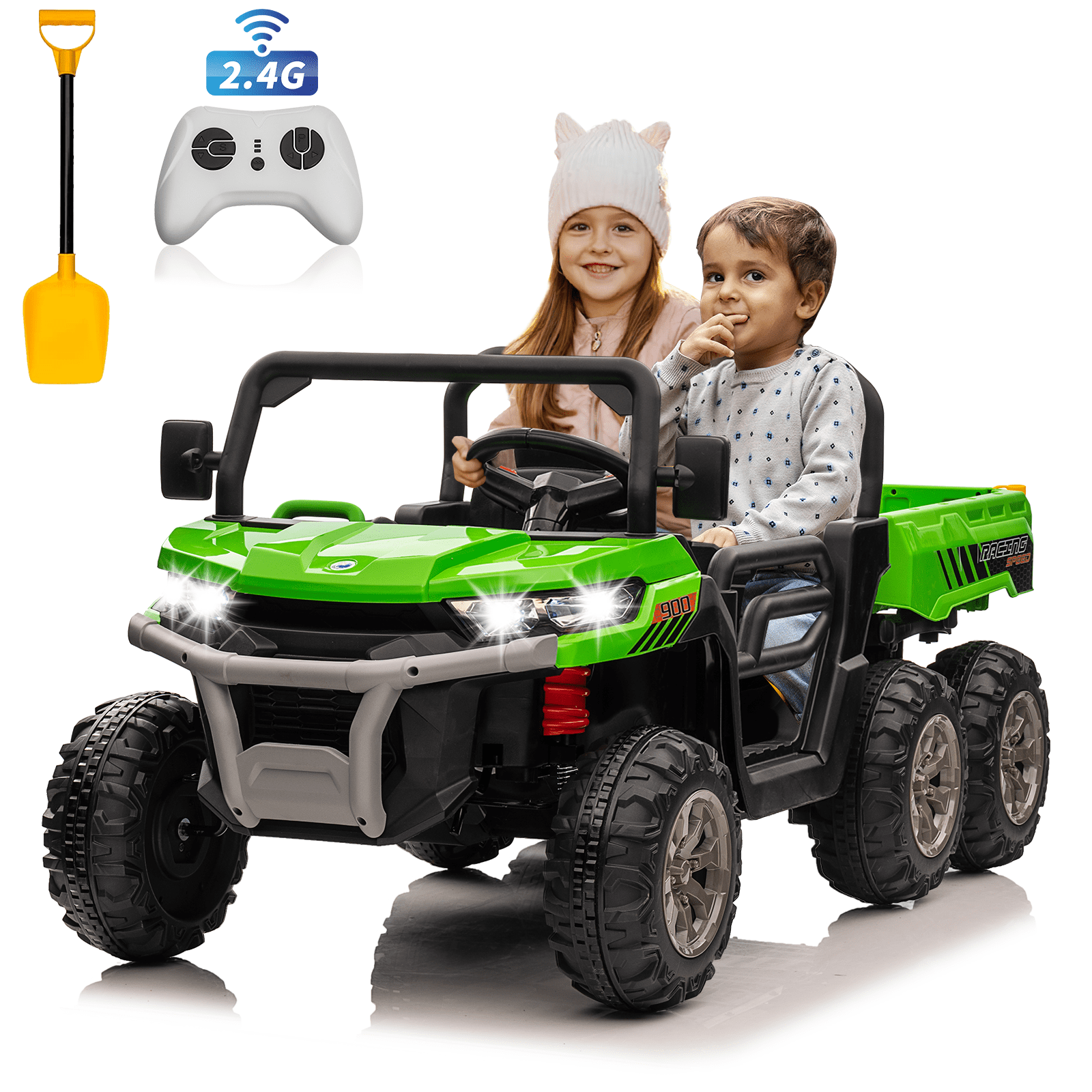 24V Ride on Toys with Remote Control, 2 Seater Electric Powered Ride on Dump Truck , 4WD 6-Wheel UTV Car w/ Tipping Bucket Trailer, Shovel, Suspension, Bluetooth Music, Big Kids, Green