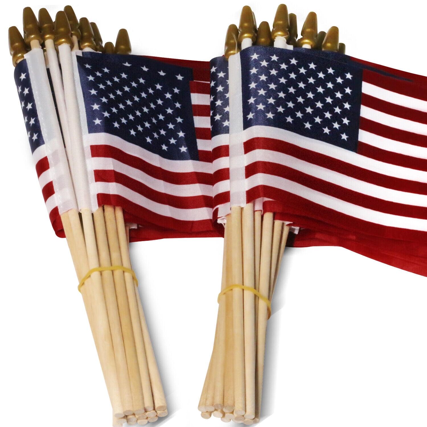 Anley LOT OF 50 - USA 4x6 in Wooden Stick Flag - July 4th Decoration, Veteran Party, Grave Marker, etc. - HandHeld American Flag with Kid Safe Golden Spear Top (Pack of 50)