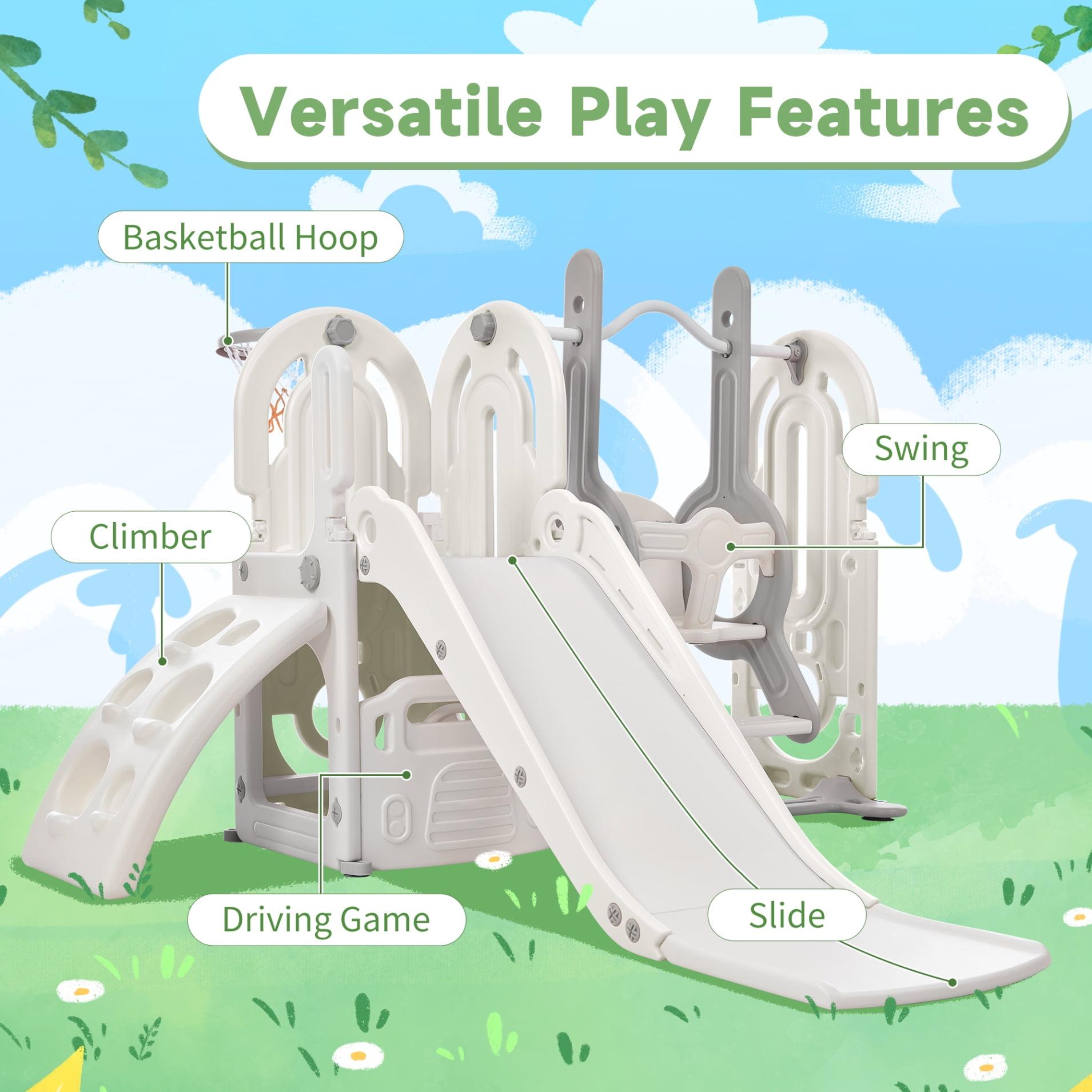 5 in 1 Toddler Climber and Slide Set for Backyard, Kids Playground Set with Slide, Swing, Climbing Ramp and Basketball Hoop, Indoor & Outdoor Playset for Children, Babies, Boys, Girls, Gray