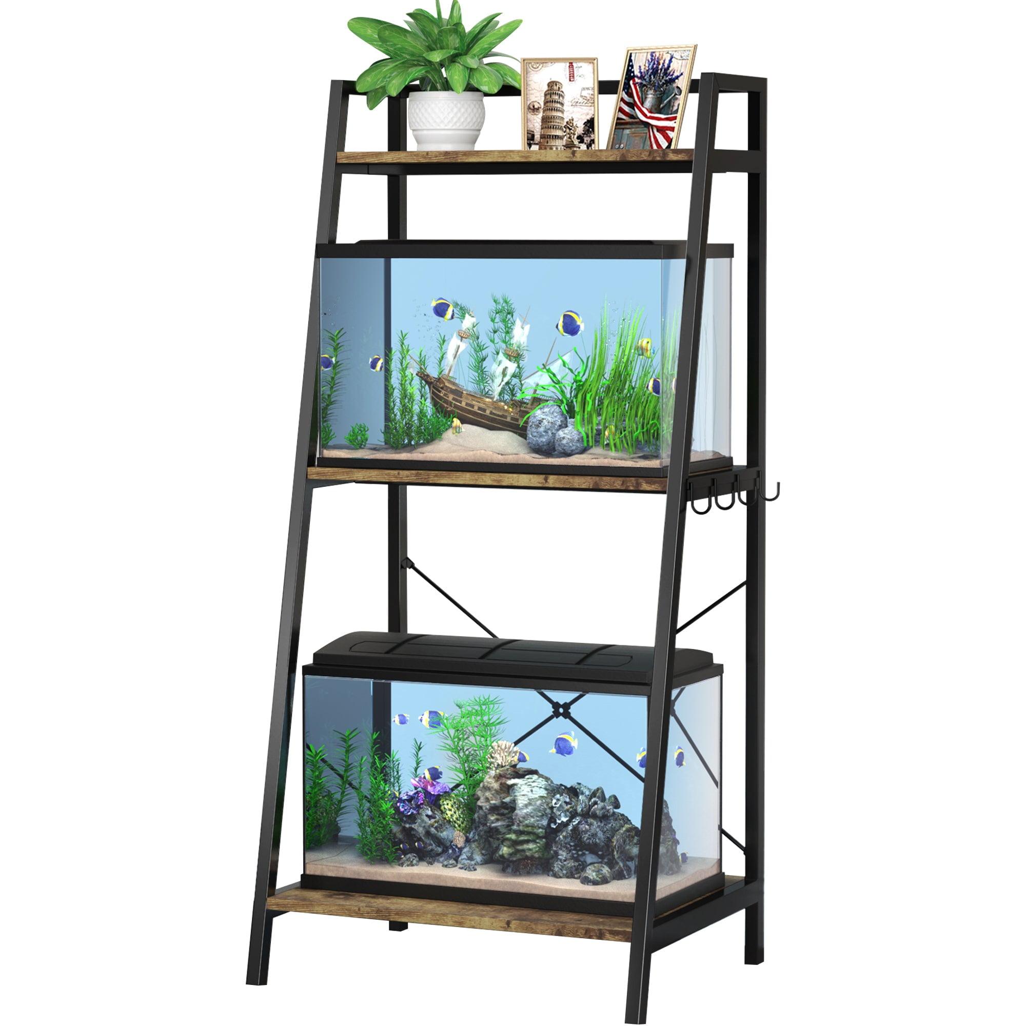 Retro Iron-Wood 3-Tier Metal Aquarium Stand with Storage Shelf