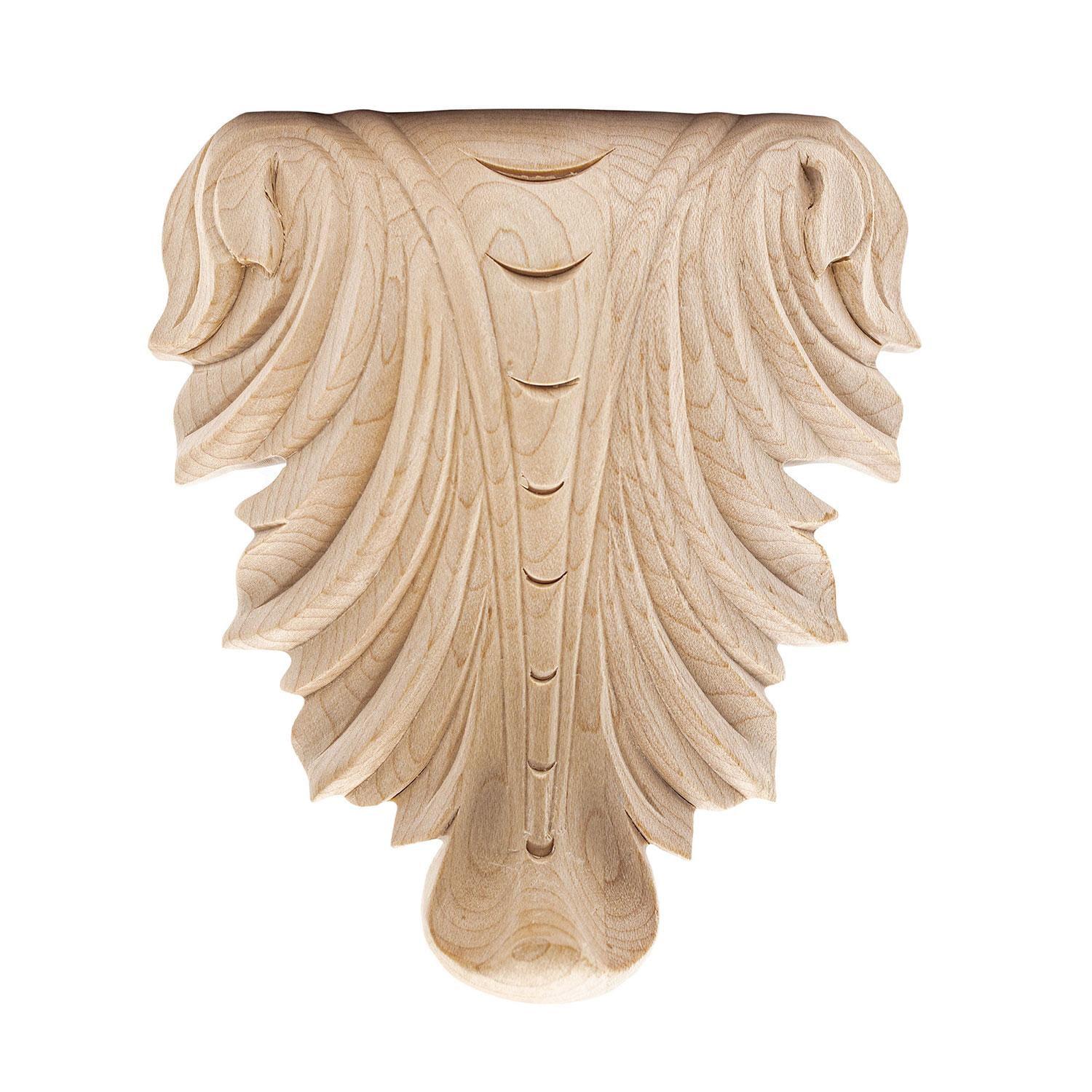 5-3/8 in x 4-1/2 in x 1 in Unfinished Hand Carved Solid Hard Maple Wood Onlay Acanthus Wood Applique