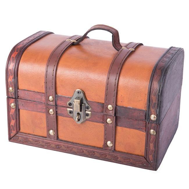 Small Brown Faux Leather and Wood Decorative Treasure Chest