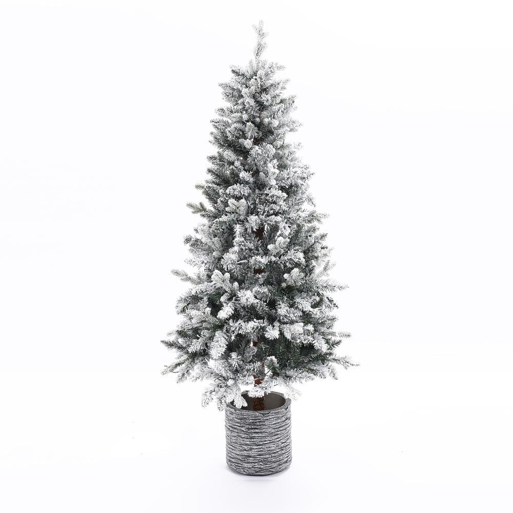 5.6 Ft Pre-Lit White Flocked Fir Christmas Tree with Gray Pot