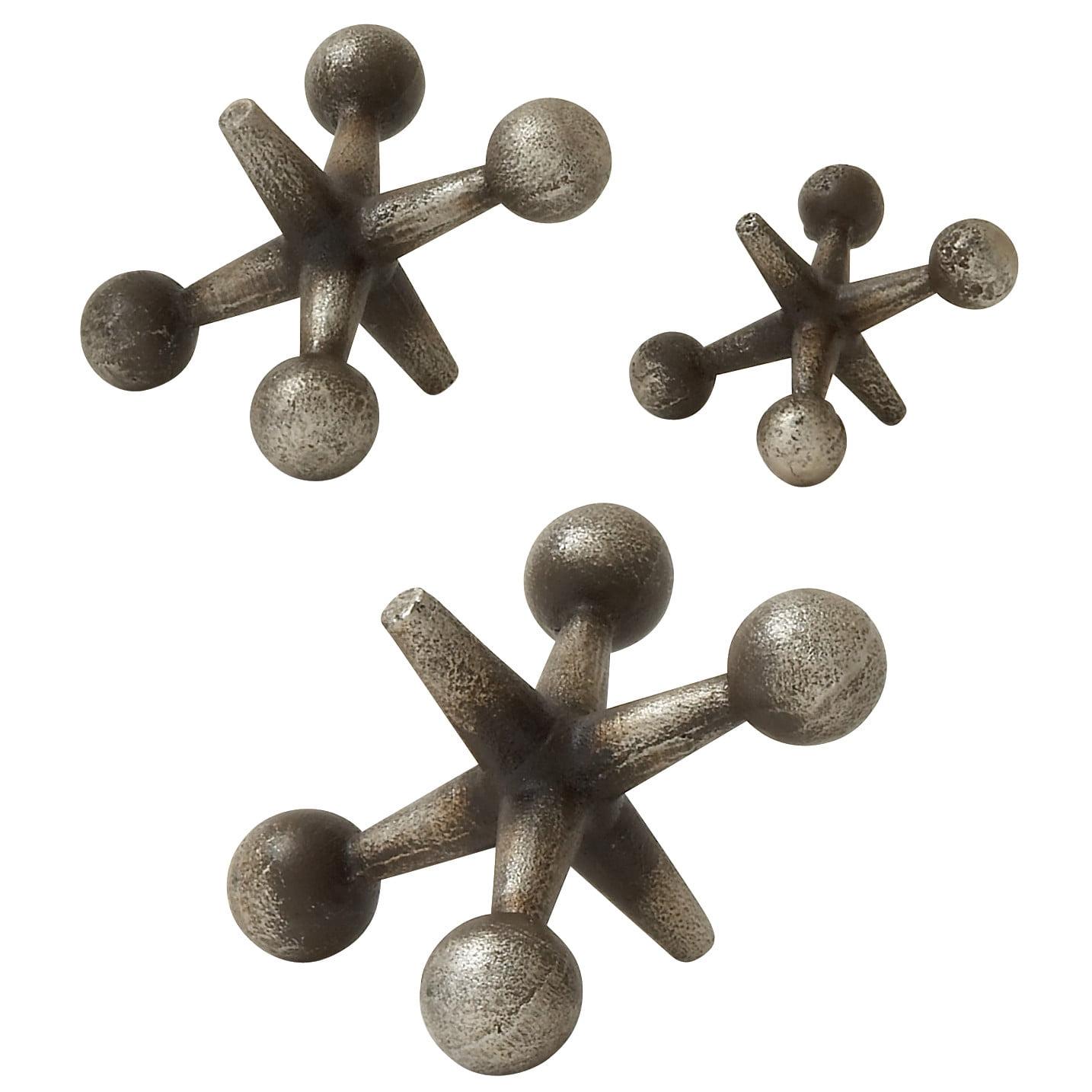 Set of 3 Silver Metal Jack Sculptures with Weathered Finish