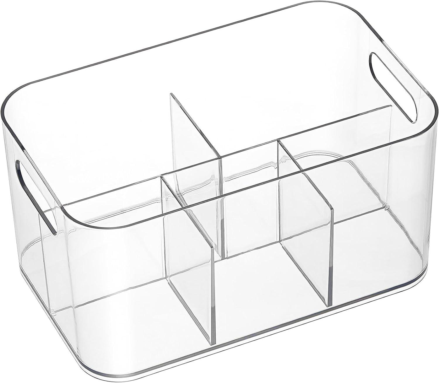 5-Compartment Clear Plastic Bin - Divided Art Supplies, Cosmetic Makeup Caddy Organizer - Multiuse Storage Container for Vanity, Bathroom, Kitchen, Office, Craft, Shower, Cleaning Items, (1 Pack)