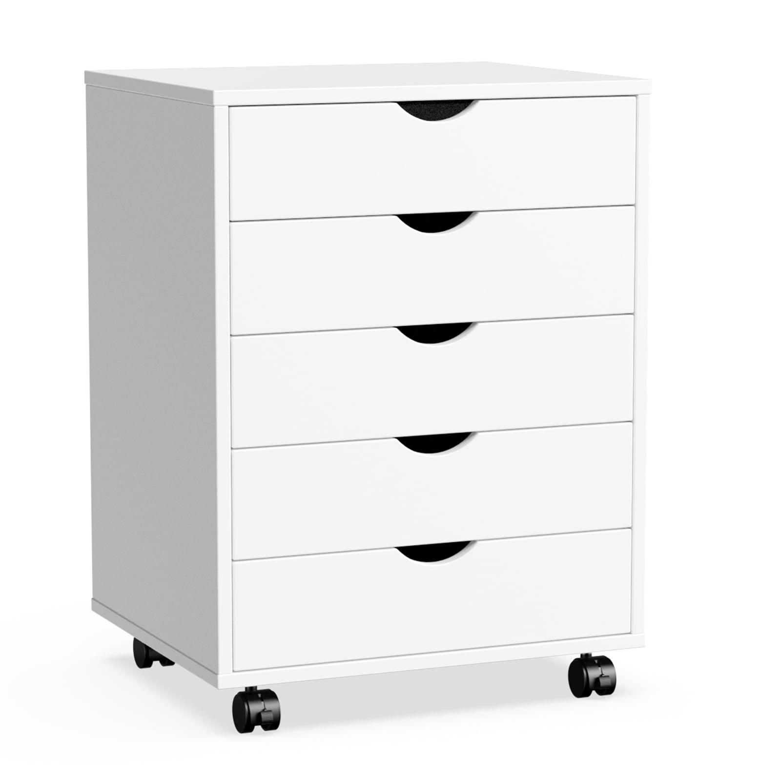 5 Drawer Dresser, Chest Dressers with Wheels, Wood Storage Cabinet for Bedroom, Home, Office Organization, White