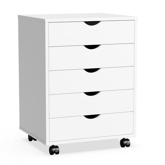 5 Drawer Dresser, Chest Dressers with Wheels, Wood Storage Cabinet for Bedroom, Home, Office Organization, White