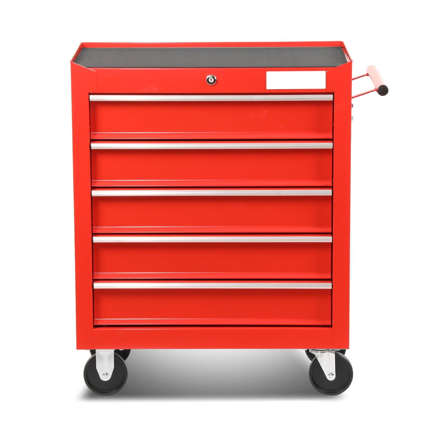 Multifunctional 5 Drawer Rolling Tool Chest, Powder-Coated Steel Construction Tool Cart with Pull Handle and lock for Garage, Warehouse, Workshop, Repair Shop, Red