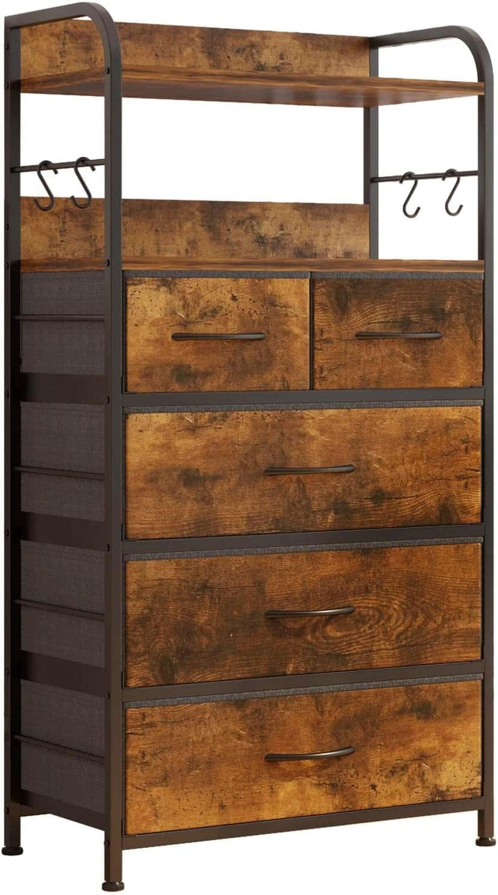 Rustic Brown and Beige 5-Drawer Dresser with Metal Frame