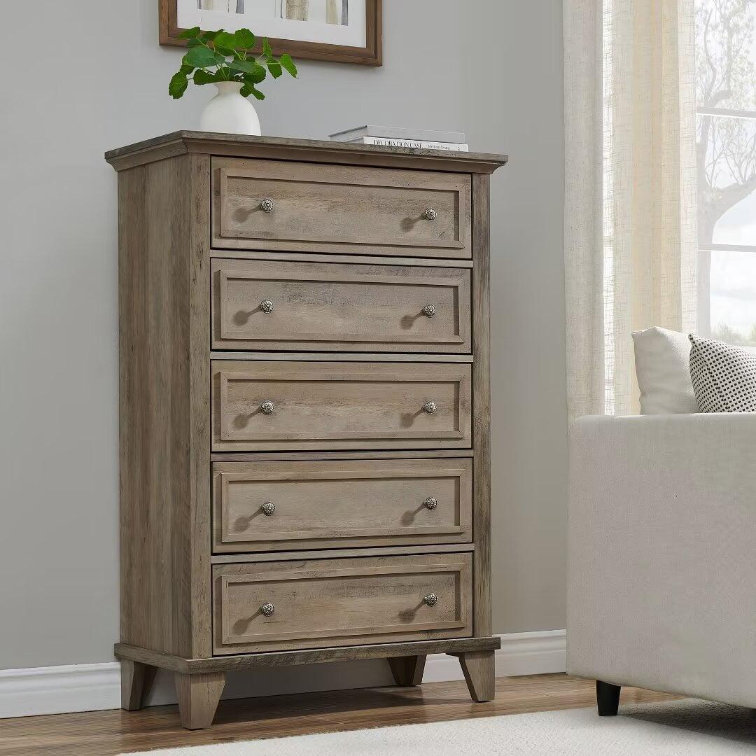 Gray Farmhouse 5-Drawer Tall Wood Dresser with Silver Handles