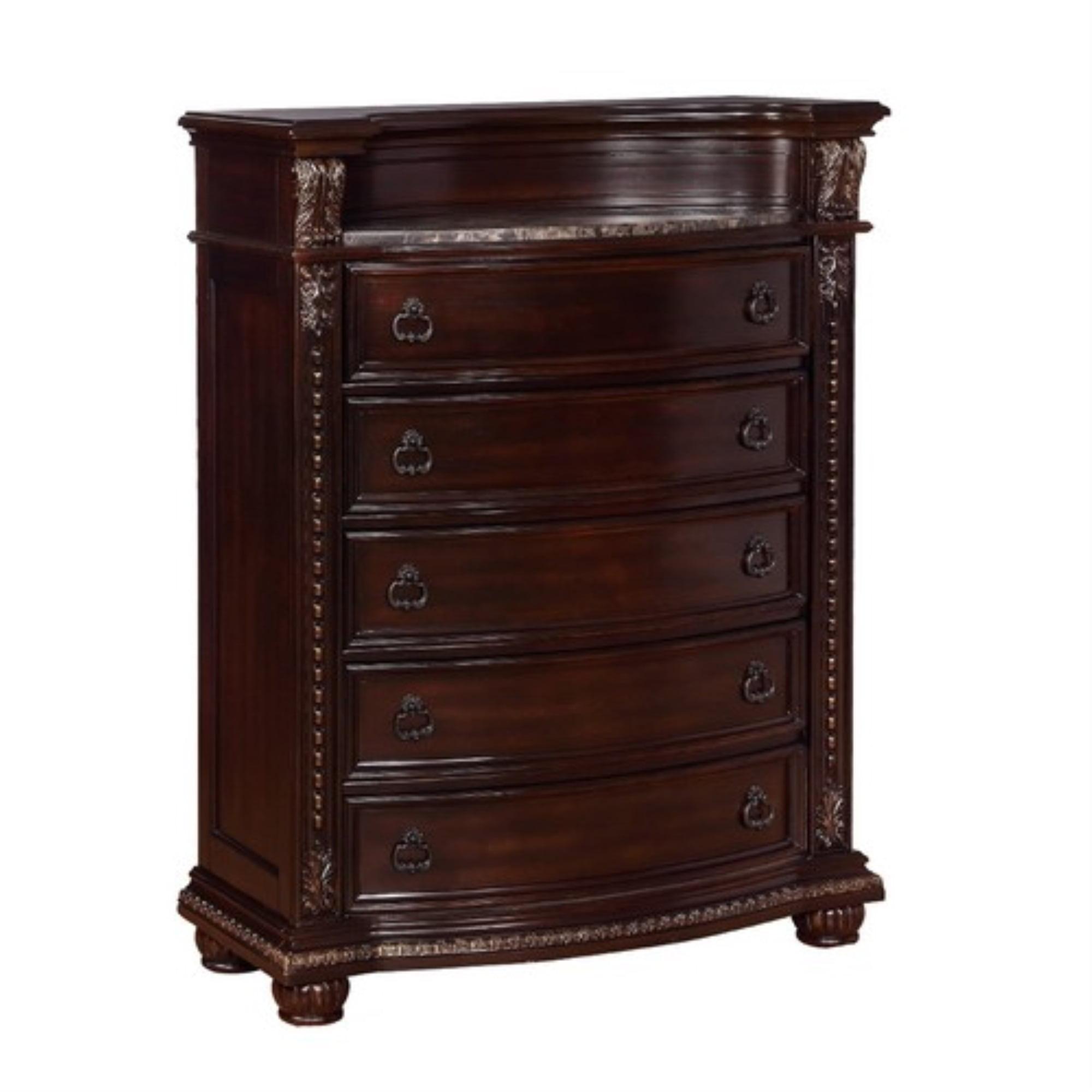 Cherry Brown 5-Drawer Solid Wood Chest with Marble Top