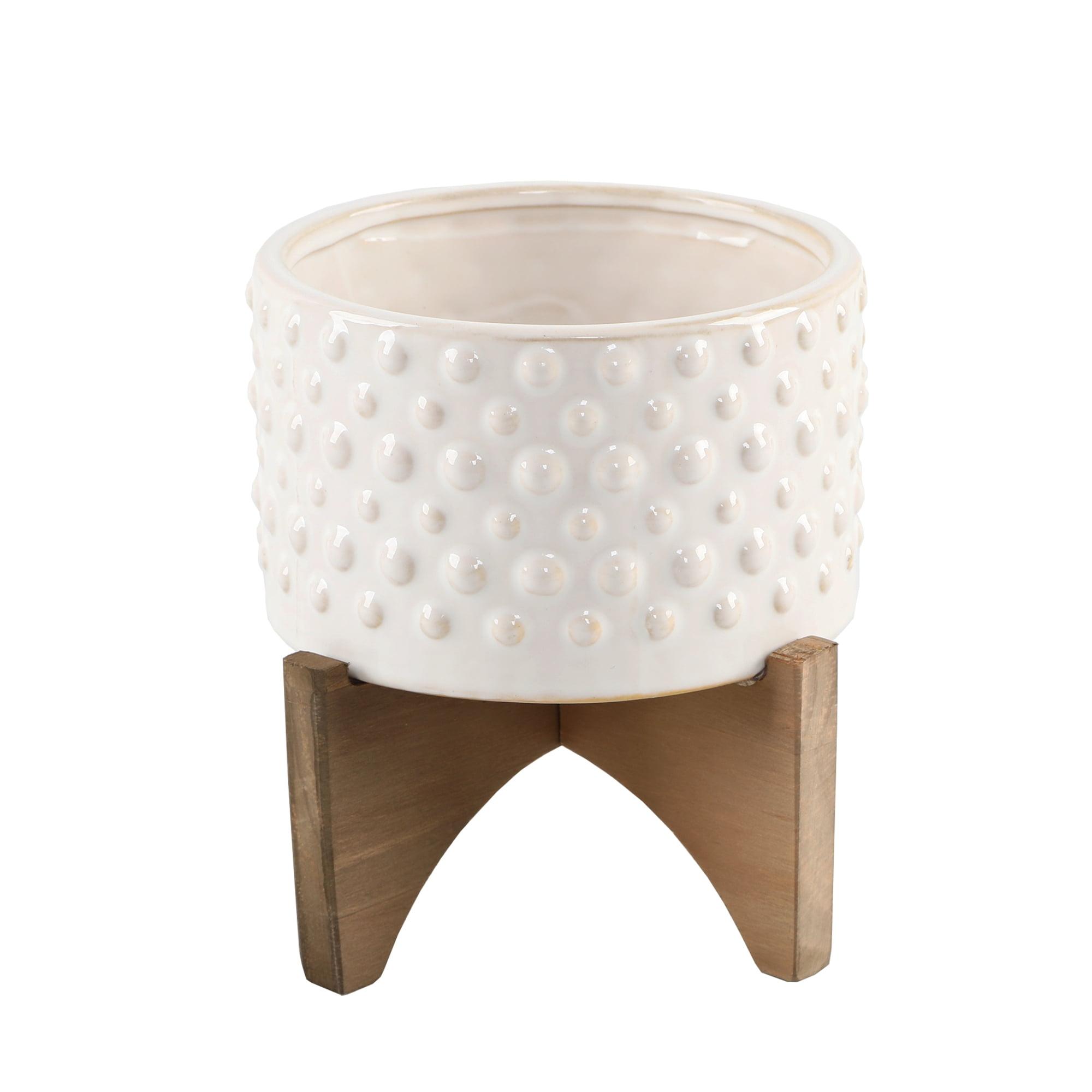 Artisanal Ivory Hobnail 6.25" Ceramic Planter with Wood Stand