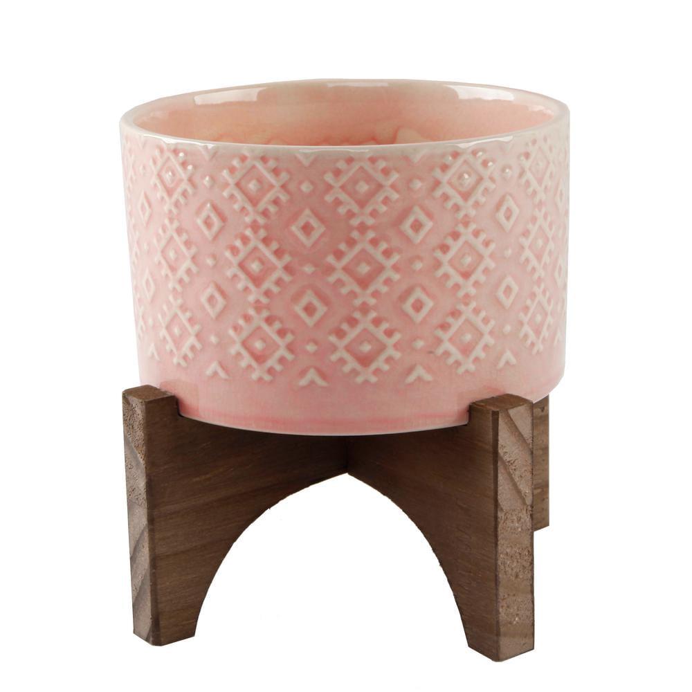 Pink Ceramic Round Planter with Wood Stand, 6.25"