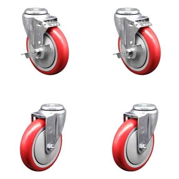 5 Inch Red Polyurethane Wheel Swivel Bolt Hole Caster Set with 2 Brake SCC