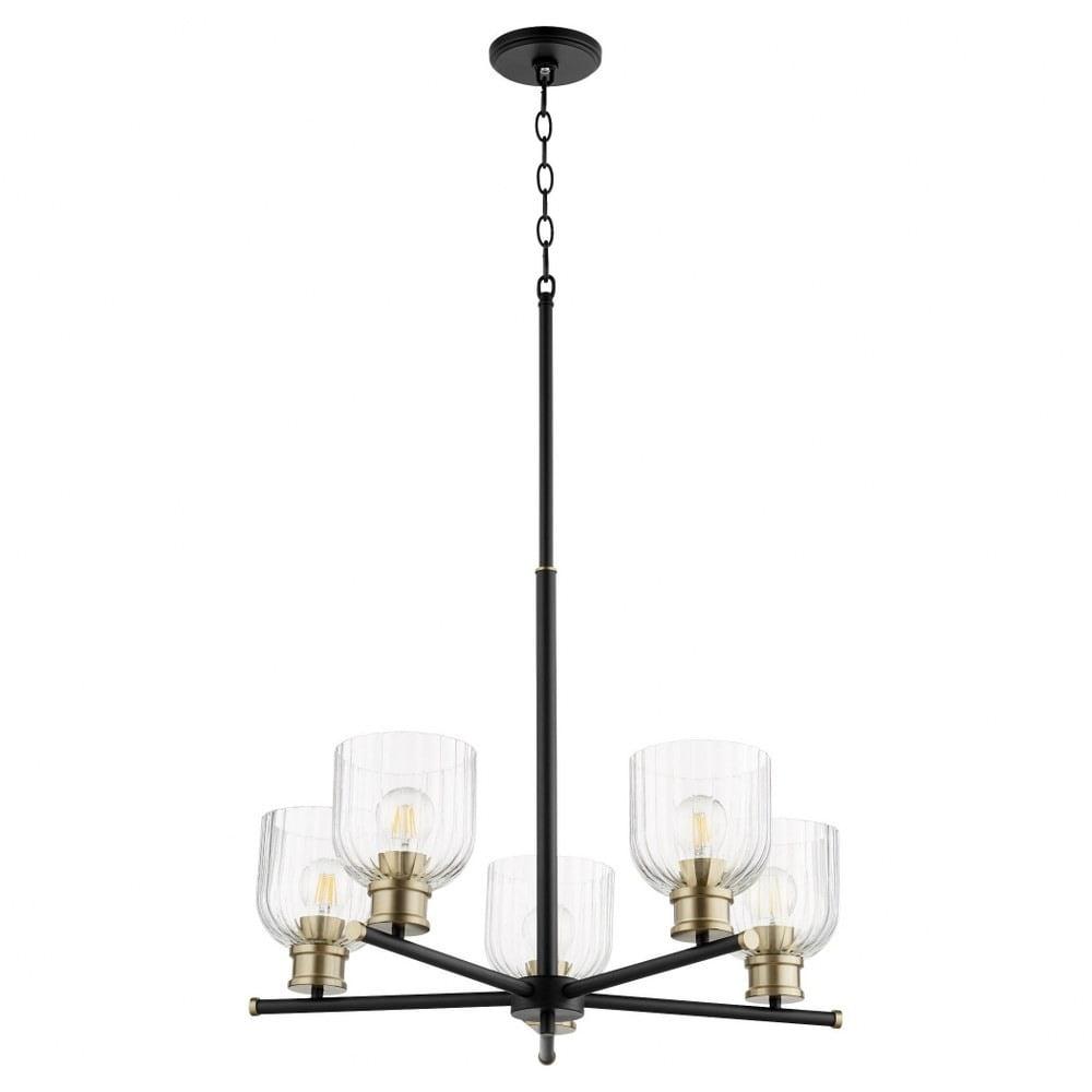 Noir and Aged Brass 5-Light Chandelier with Clear Glass Shades