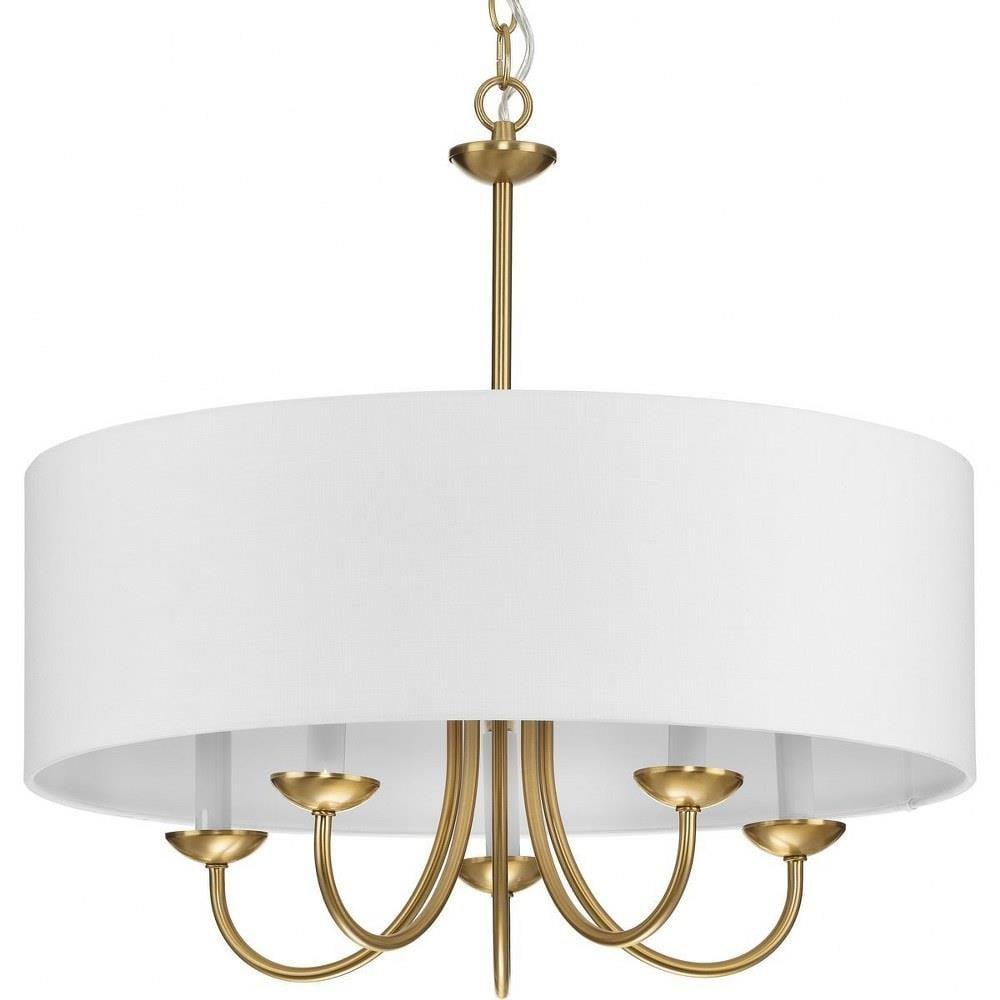 Progress Lighting, Drum Shade Collection, 5-Light Chandelier, Brushed Bronze, White Textured Fabric Shade, Material: Steel