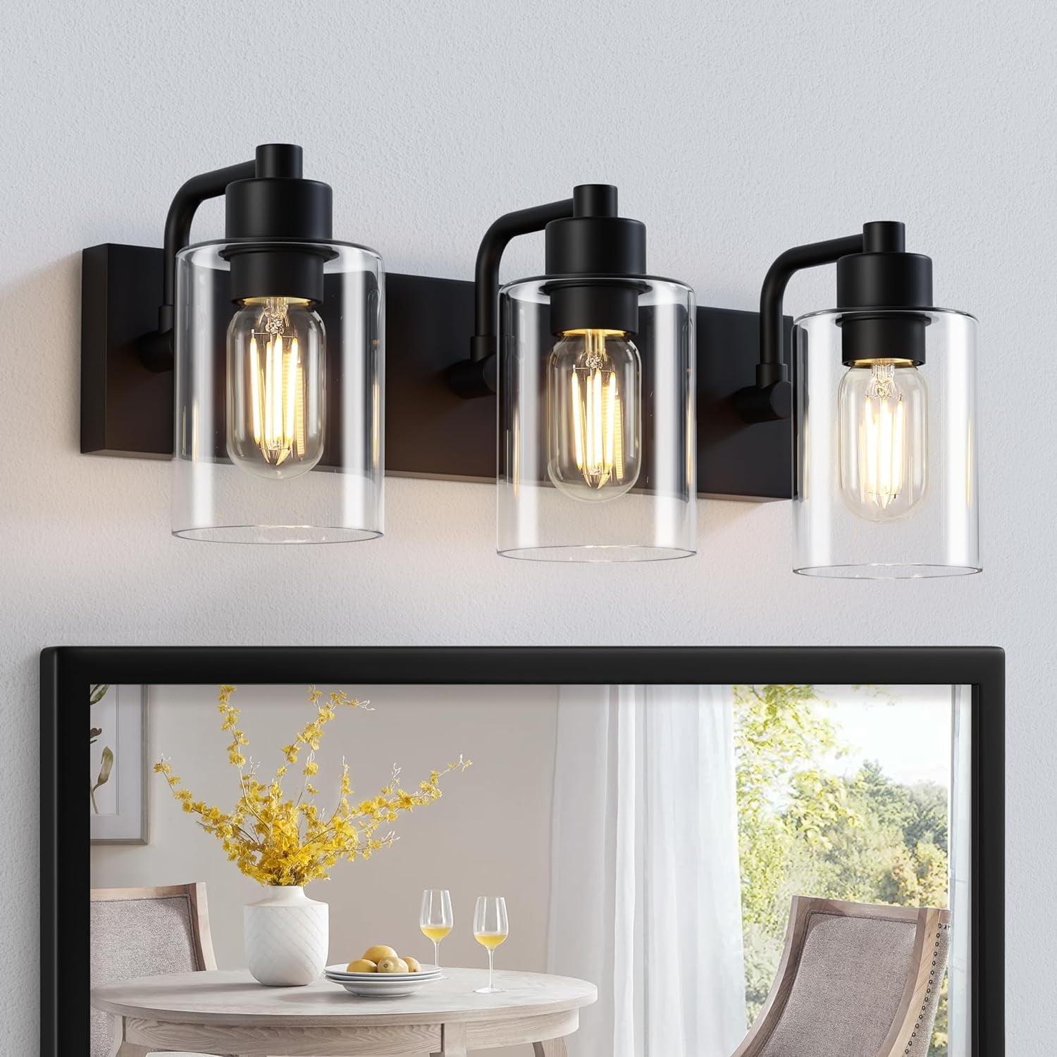 3-Light Bathroom Light Fixtures Bathroom Vanity Lights with Clear Glass Shades Matte Black Bathroom Light Fixtures over mirror for Mirror Living Room Cabinet Bedroom Porch