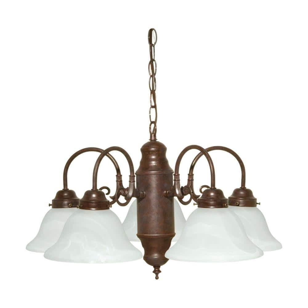 5-Light Old Bronze Chandelier with Alabaster Glass Shades