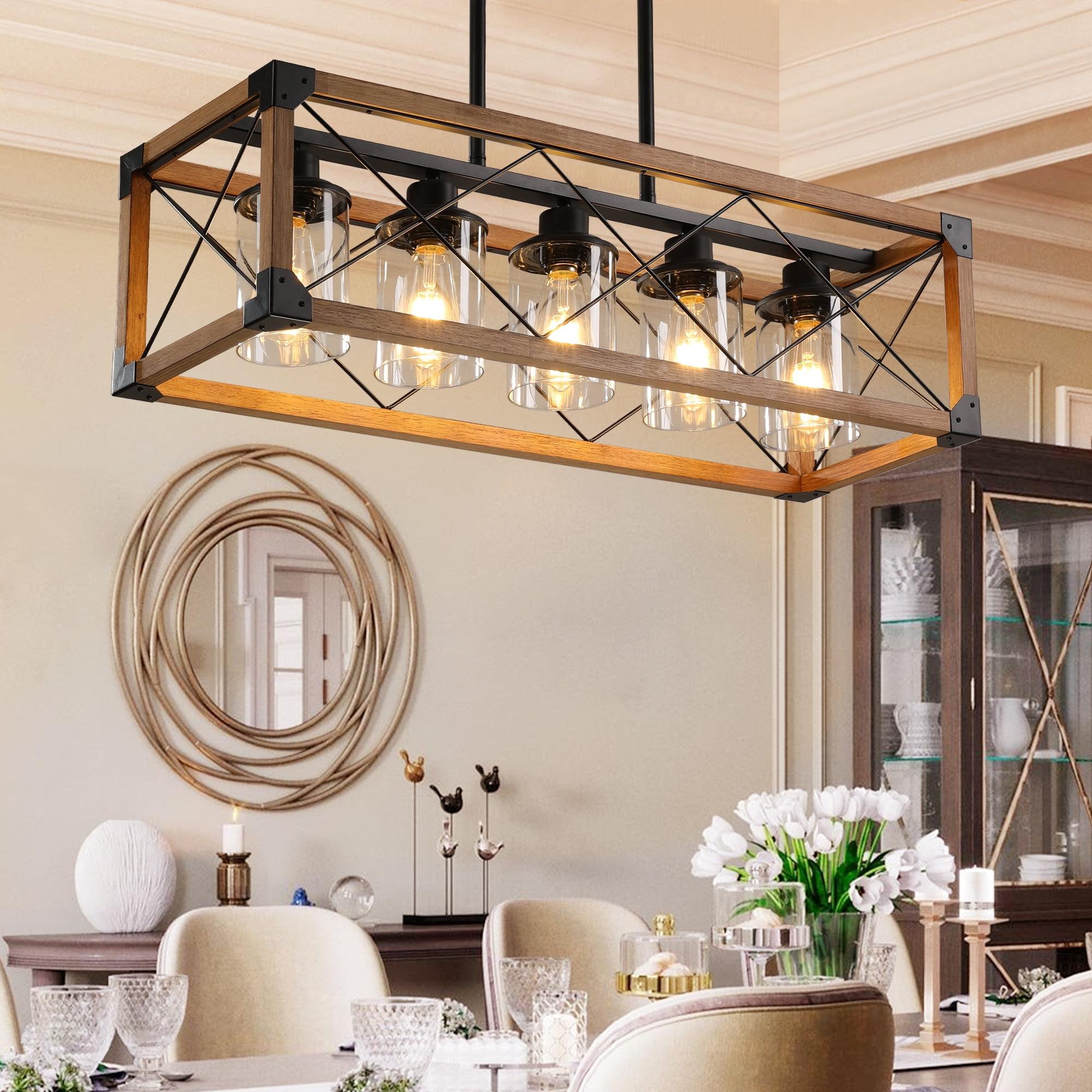 Walnut and Black 5-Light Farmhouse Chandelier with Glass Shades