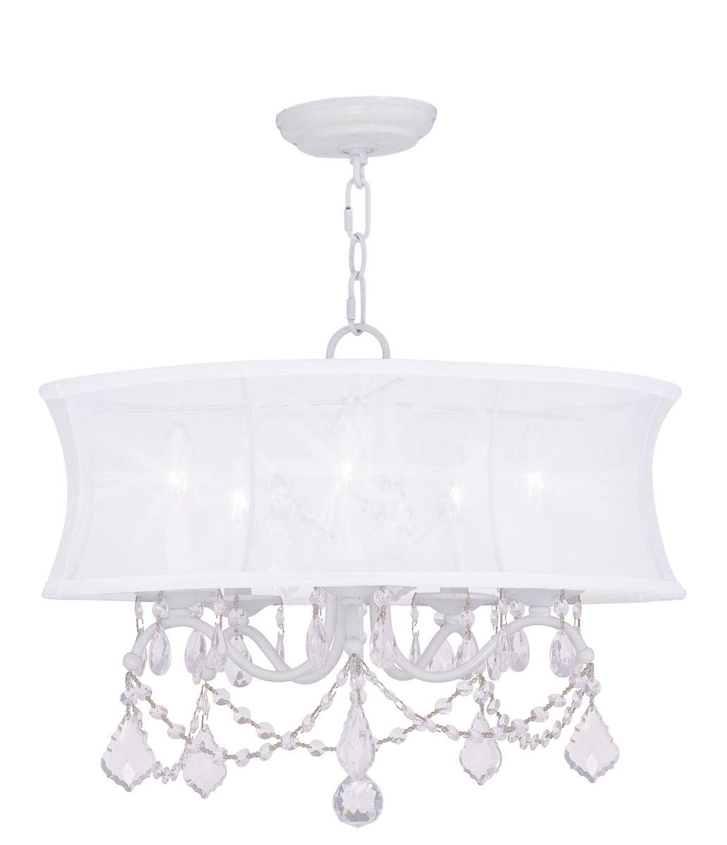 5 Light White Chandelier with Off White Silk Shimmer Shade