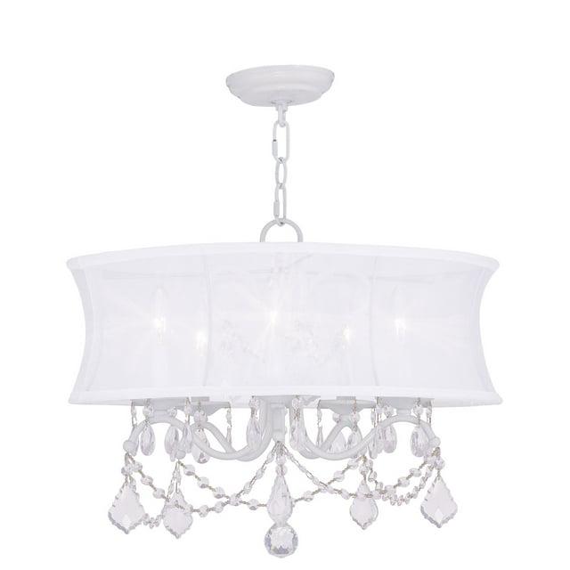 5 Light White Chandelier with Off White Silk Shimmer Shade