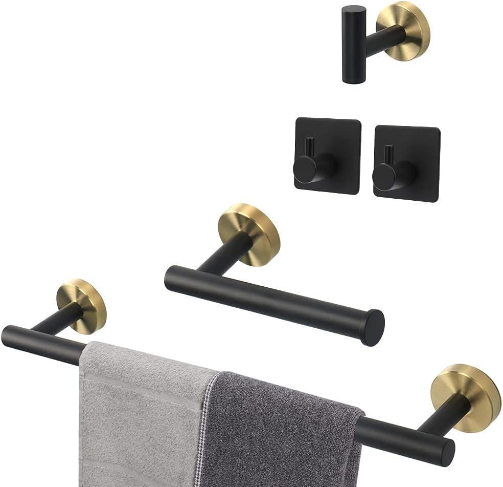 5 PCS Bathroom Hardware Set SUS304 Stainless Steel-Towel Rack Set Include Lengthen Hand Towel Bar+Toilet Paper Holder+3 Robe Towel Hooks Bathroom Accessories Towel Bar Set (Black Gold, 24IN)