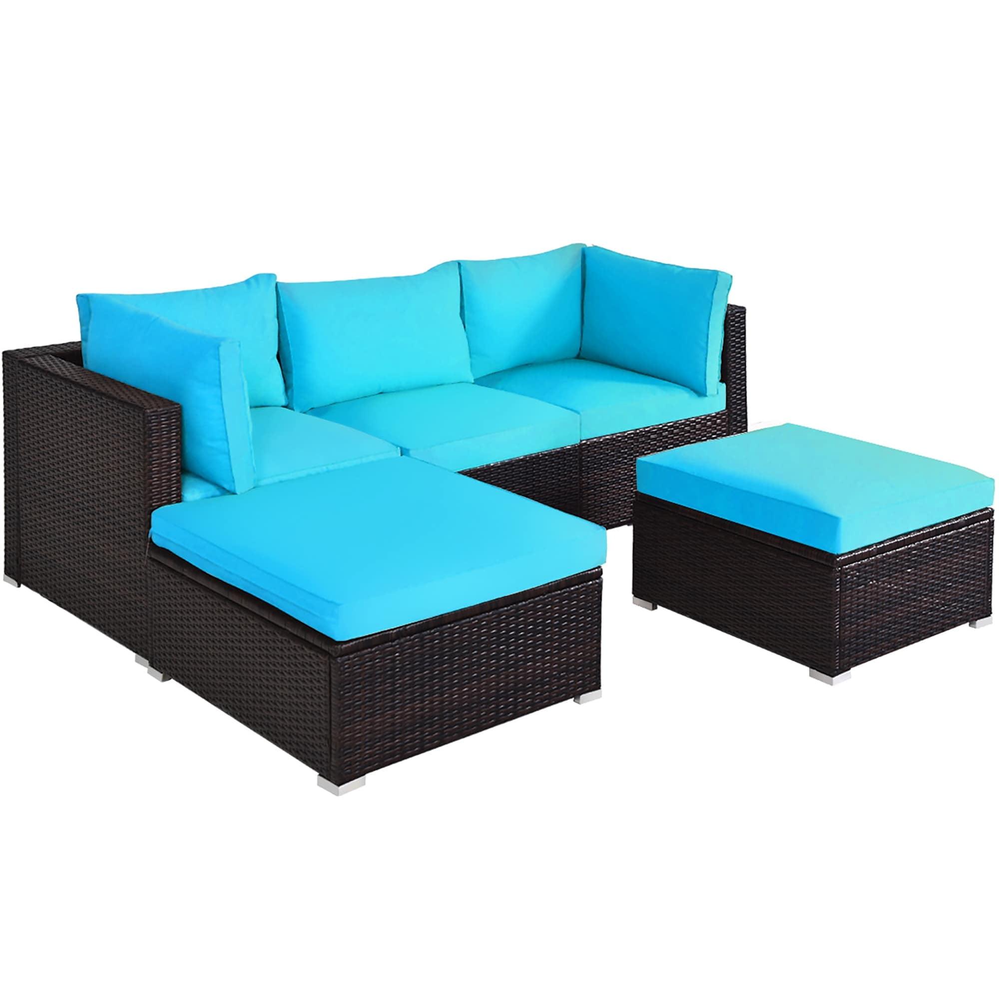 5-Piece Turquoise Cushioned Rattan Patio Sectional Sofa Set