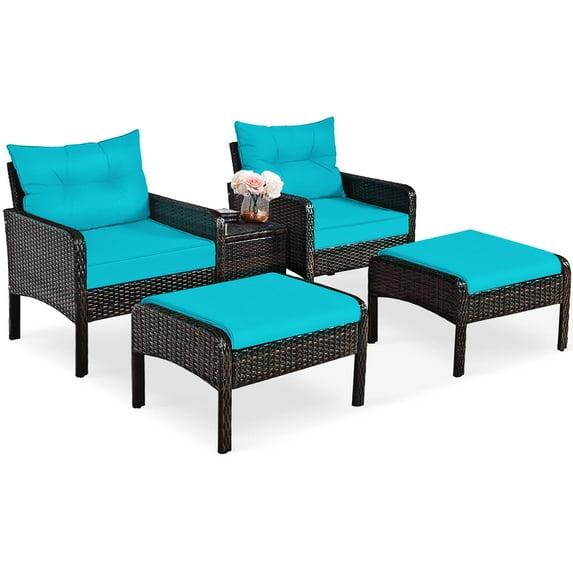 Spaco 5 Pieces Patio Rattan Sofa Ottoman Furniture Set with Cushions, Conversation Set with 2 Single Chairs, 2 Ottomans and A Side Table, Ottoman Furniture Set for Outdoor, Turquoise