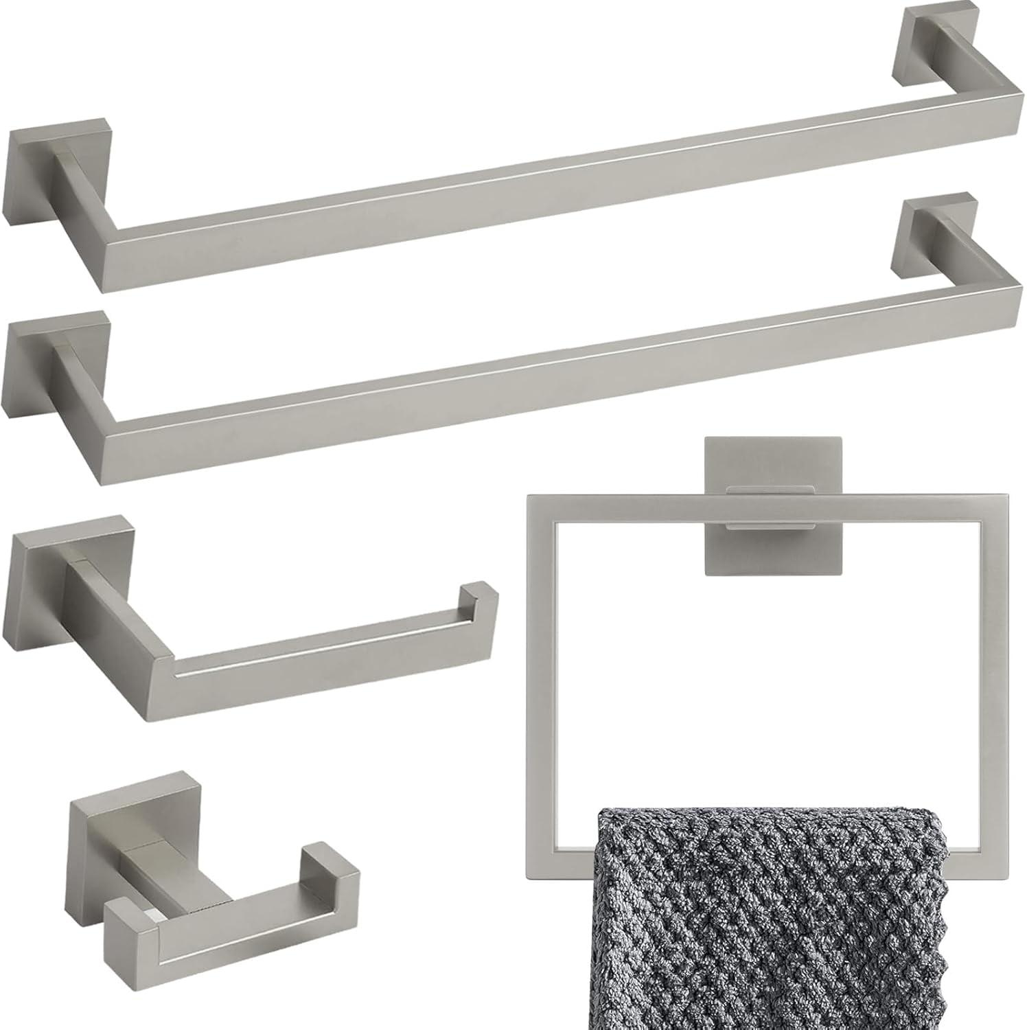 Brushed Nickel Towel Bar Rack Sets, 23.6 inch Bathroom Hardware Set 5-Piece Towel Bar Wall Mount Modern Bathroom Accessories Include Towel Rack,Toilet Paper Holder,2*Robe Hook