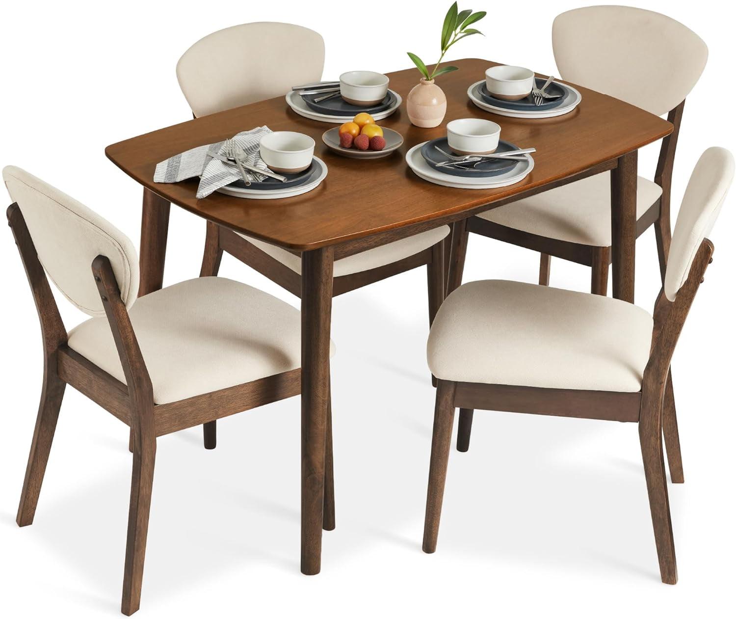 Compact Mid-Century Modern Walnut Dining Set with Cream Padded Chairs