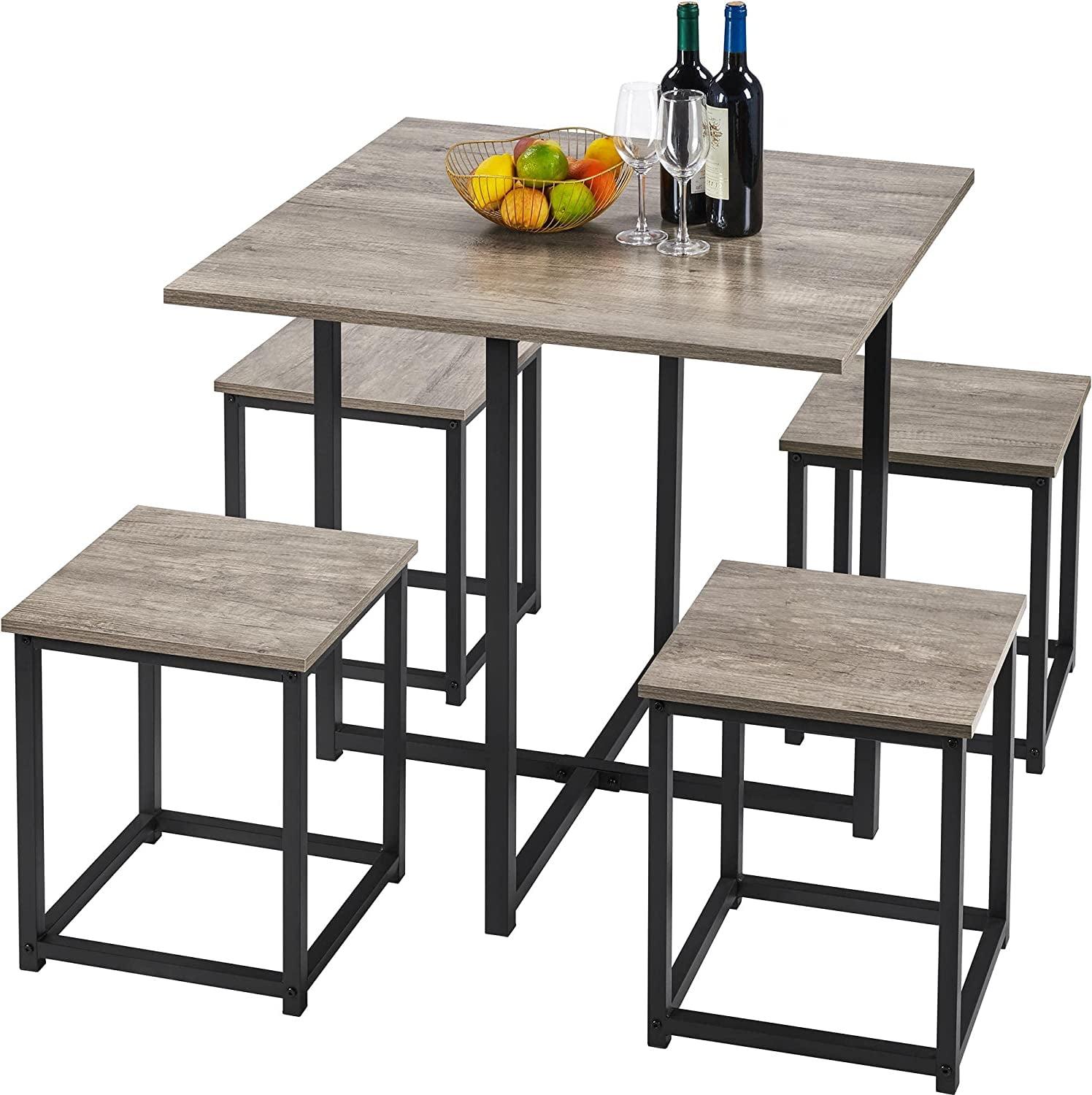 Gray 5-Piece Industrial Dining Set with Backless Stools