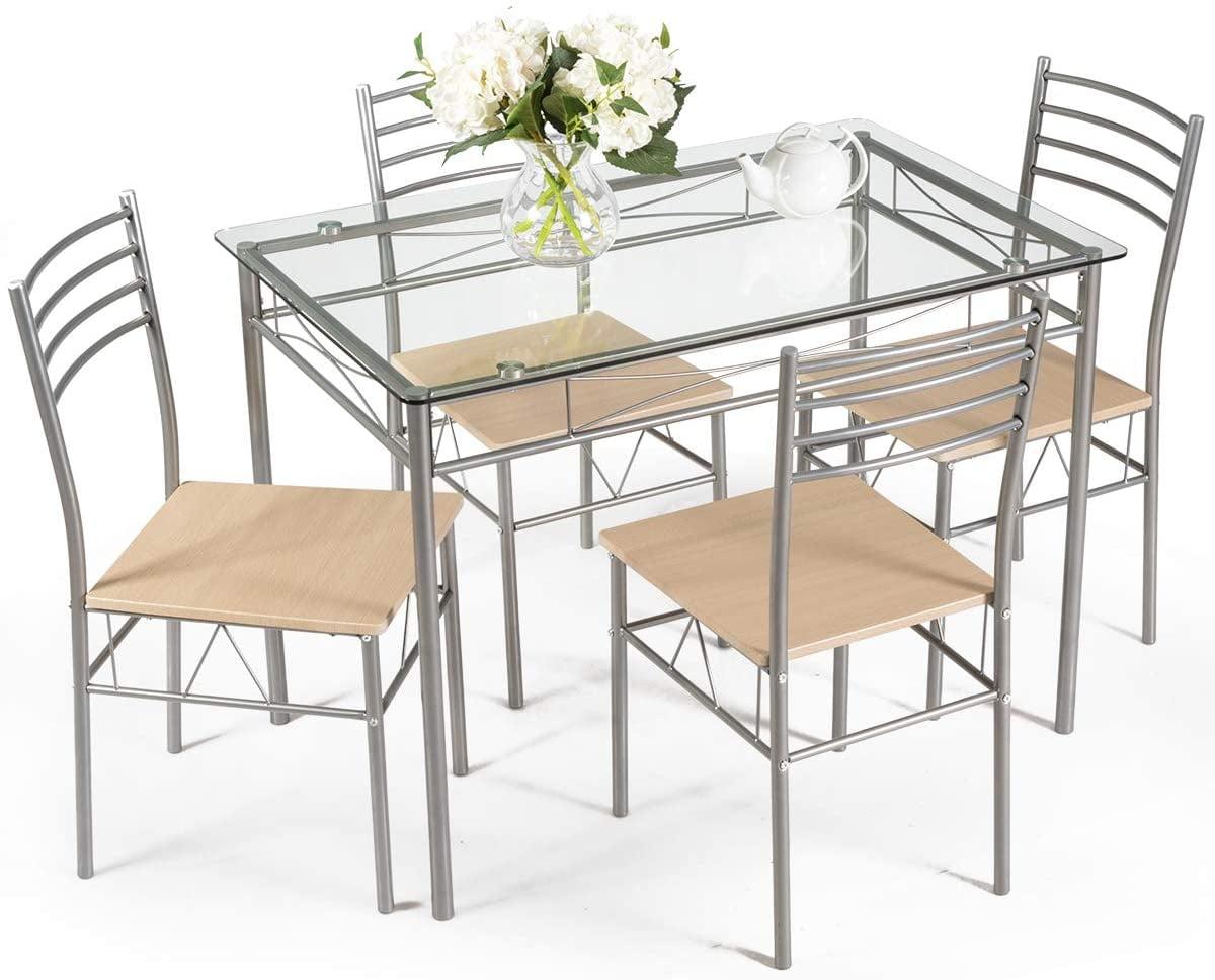 Modern Light Brown Glass Top Dining Set with 4 Chairs