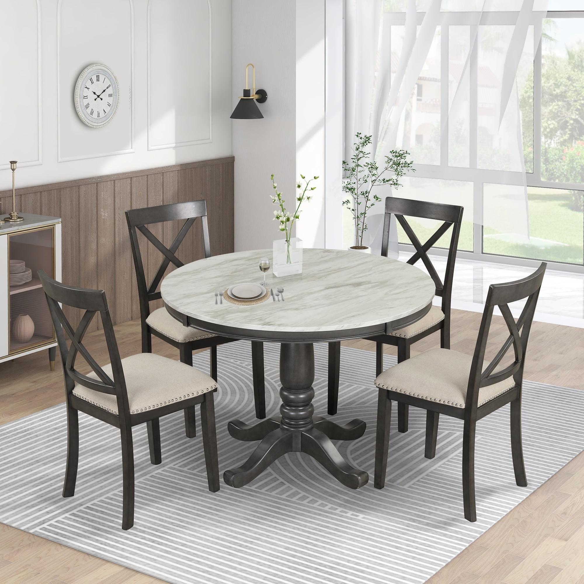 5 Pieces Dining Table and Chairs Set, Dining Room Table Set for 4 Persons with Faux Marble Tabletop and 4 Chairs, Solid Wood Kitchen Dining Set for Small Spaces, Gray