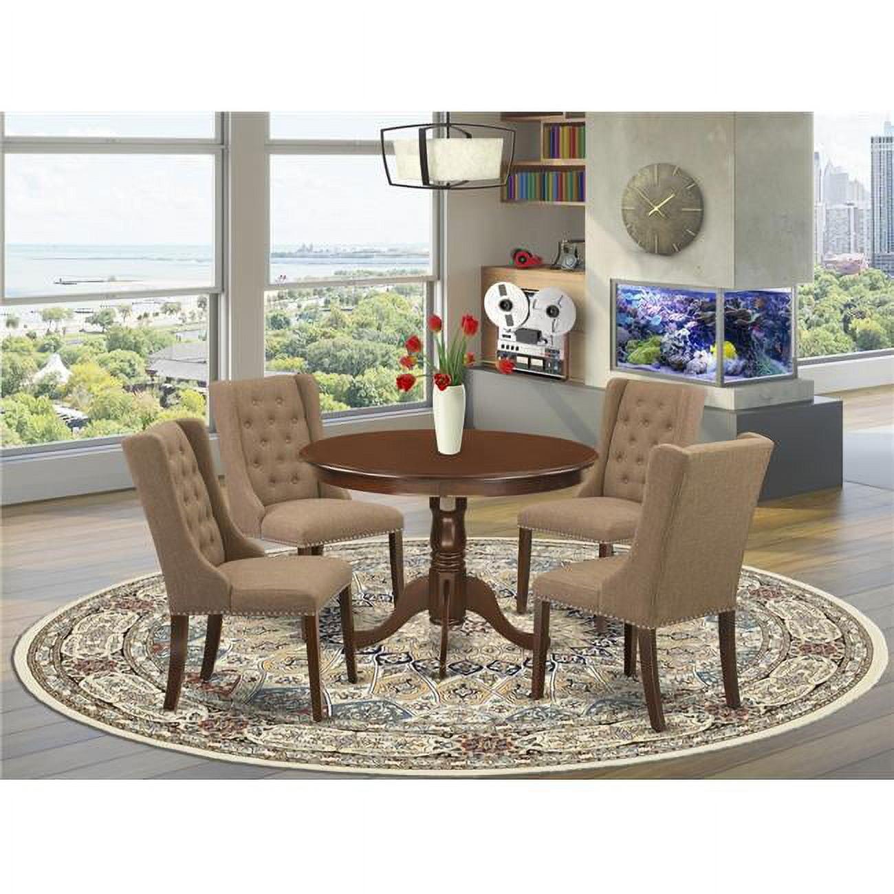 Mahogany Pedestal Dining Set with Light Sable Linen Chairs