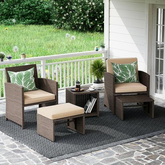 5-Piece Patio Conversation Set Balcony Furniture Set with Beige Cushions, Brown Wicker Chair with Ottoman, Storage Table for Backyard, Garden, Porch