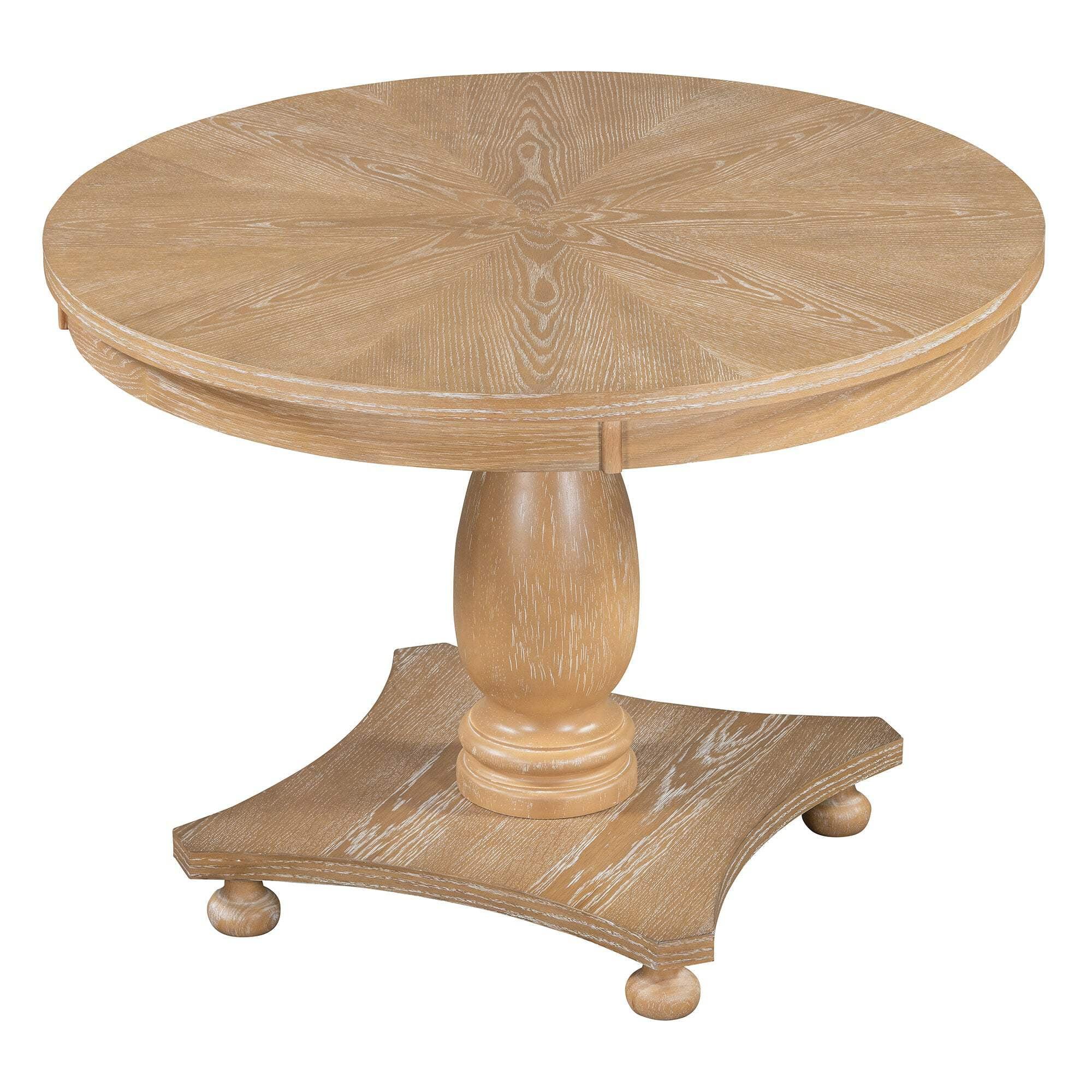 Natural Wood Wash Round Pedestal Dining Table with 4 Upholstered Chairs