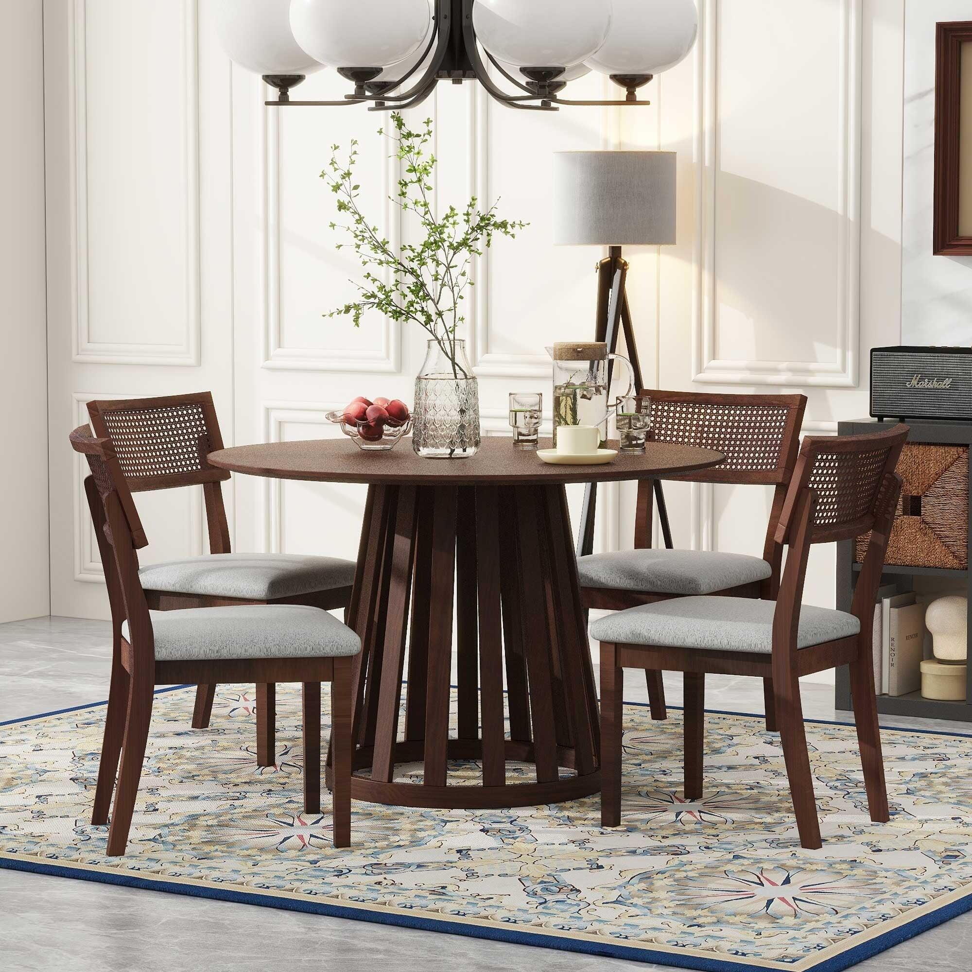 Walnut Round Dining Table with 4 Rattan Back Upholstered Chairs