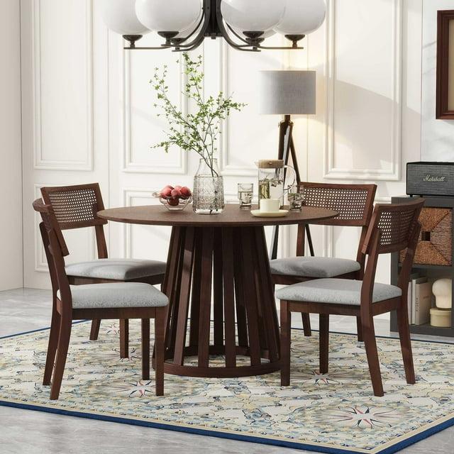5-Piece Retro Dining Set with 1 Round Dining Table and 4 Upholstered Chairs with Rattan Backrests for Dining Room and Kitchen Walnut