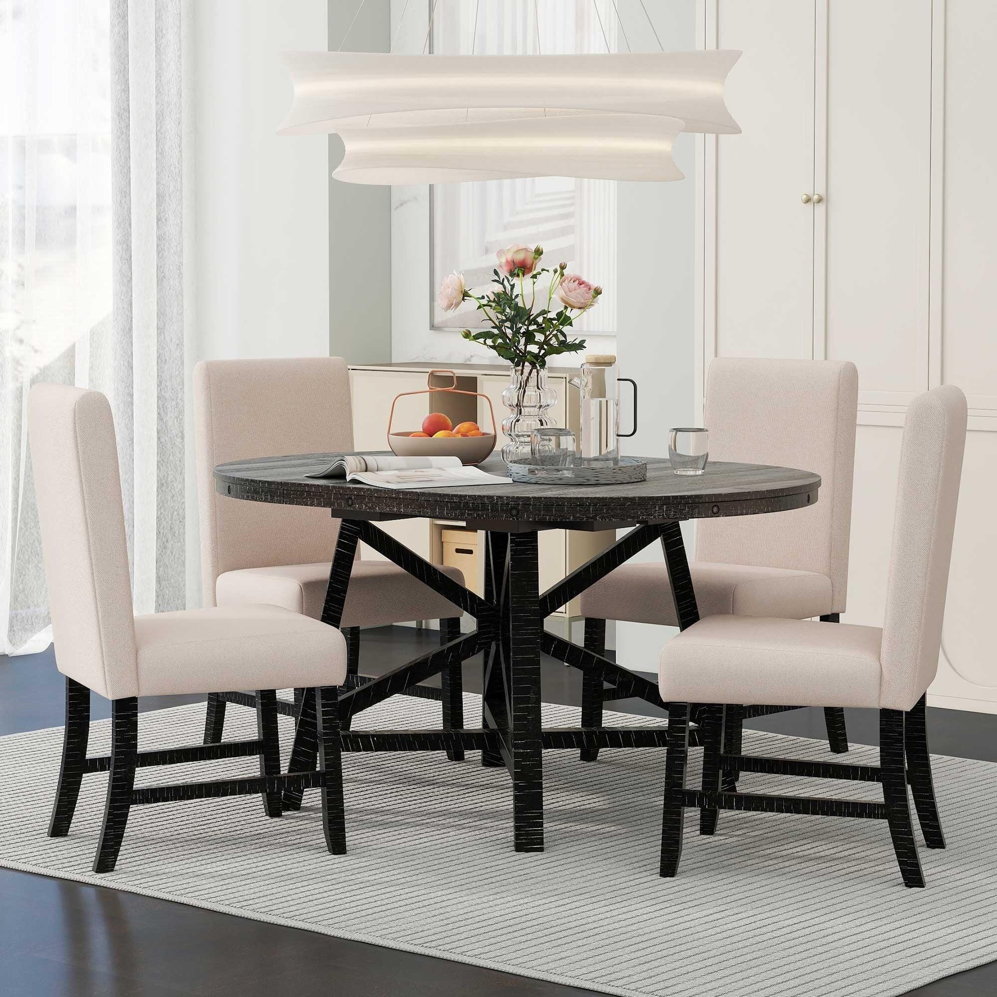 Black and Beige Retro Extendable Dining Set with Upholstered Chairs