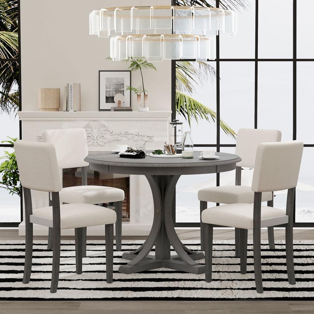 5-Piece Dark Gray Round Dining Table Set with Upholstered Chairs