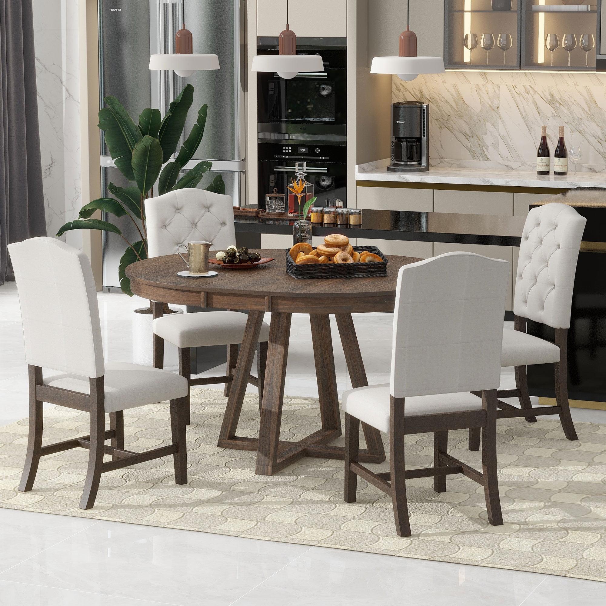 5 Piece Round Dining Table Set, TUANLUO Dining Room Set with Extendable Table and 4 Cushioned Chairs, Wood Dining Table Set for 4, Farmhouse Dining Table Set for Kitchen Dining Room, Walnut