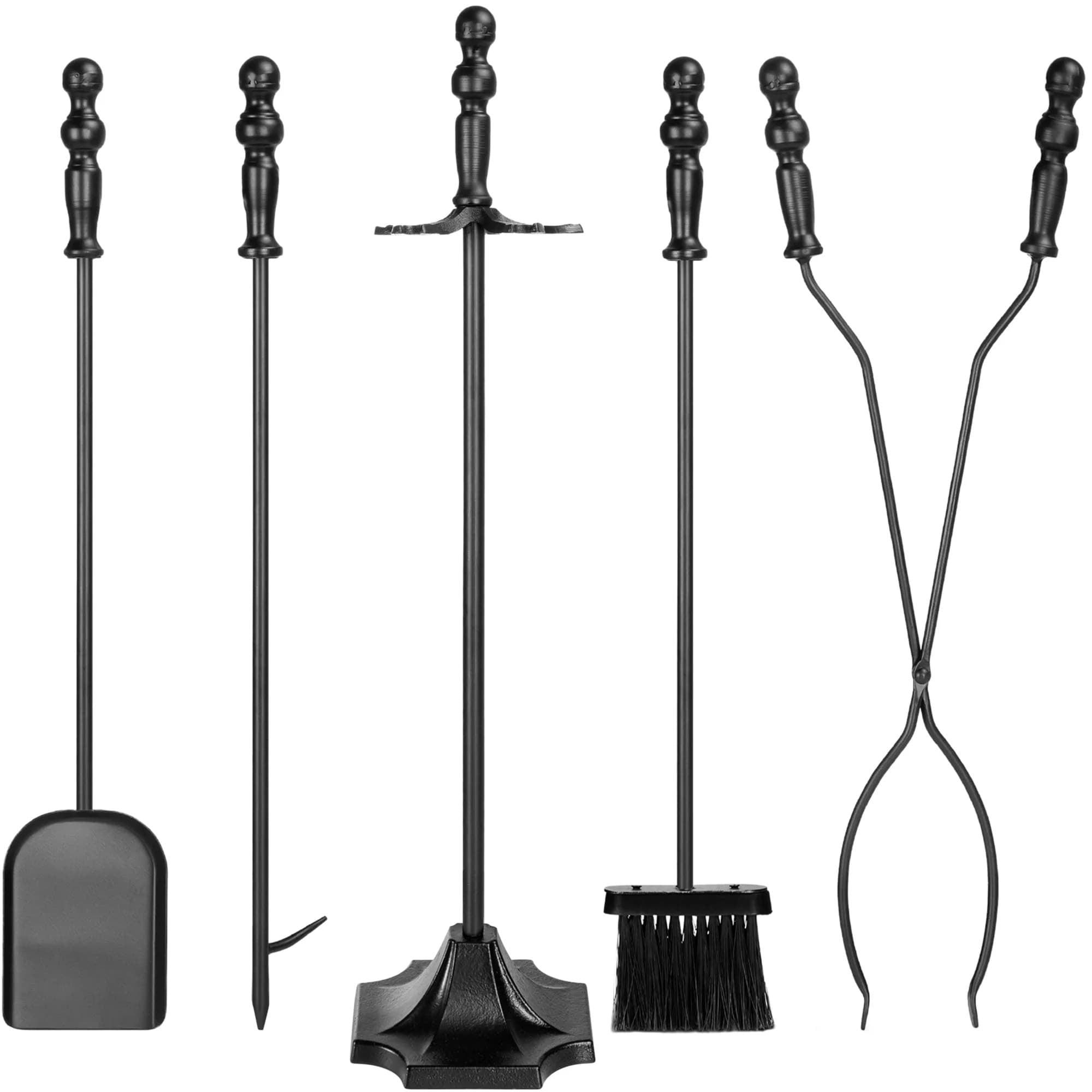 Black Wrought Iron 5-Piece Fireplace Tool Set with Stand