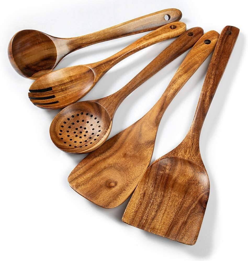 5 Piece Wooden Spoons for Cooking, Wooden Utensils for Cooking with Utensils Holder, Natural Teak Wooden Kitchen Utensils Set with Wooden Spoon Rest, Comfort Grip