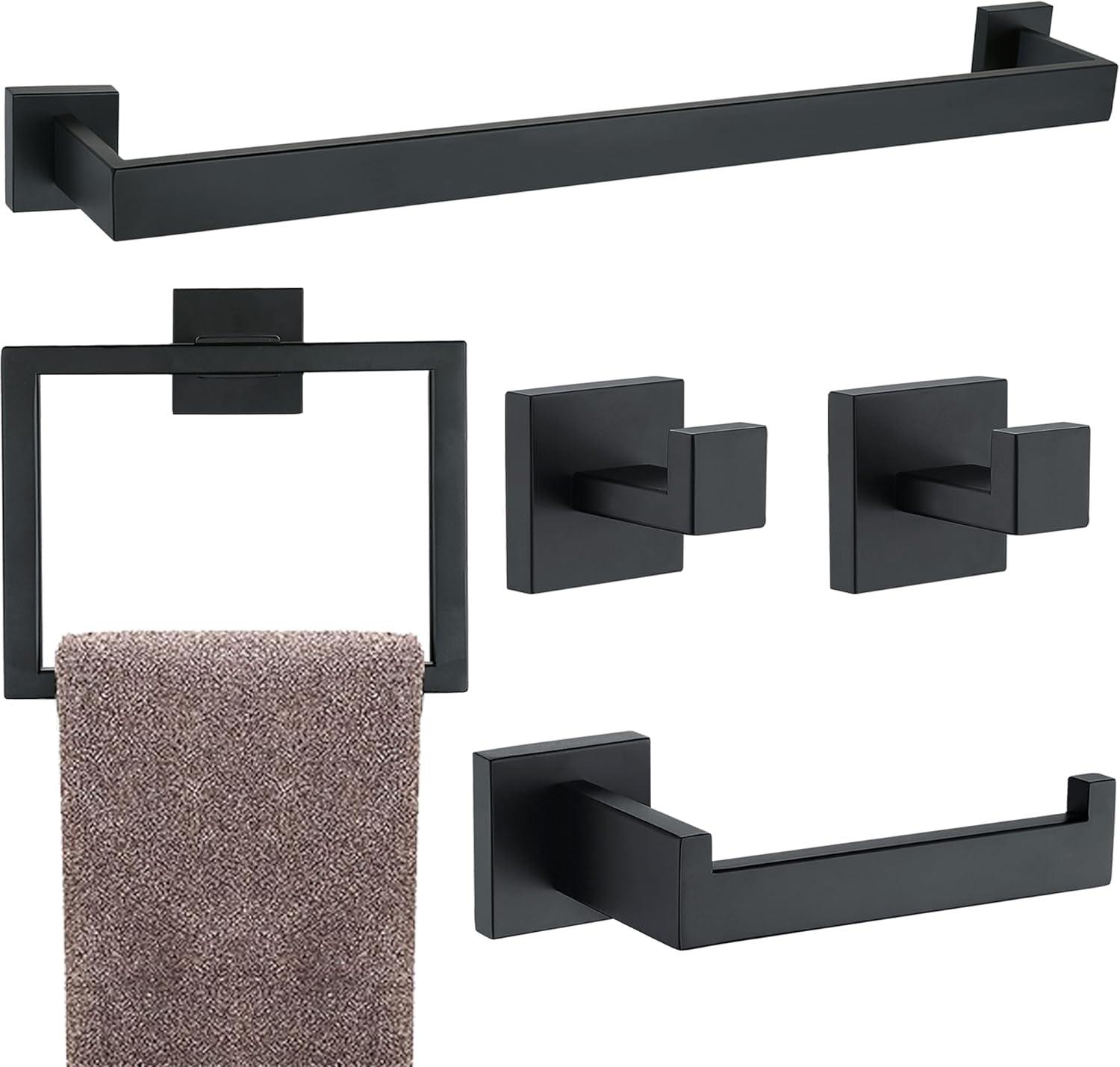 5 Pieces Square Matte Black Stainless Steel Bathroom Accessories Set Include 23.6 in Towel Bar, Toilet Paper Holder, Towel Ring, 2 Robe Towel Hooks