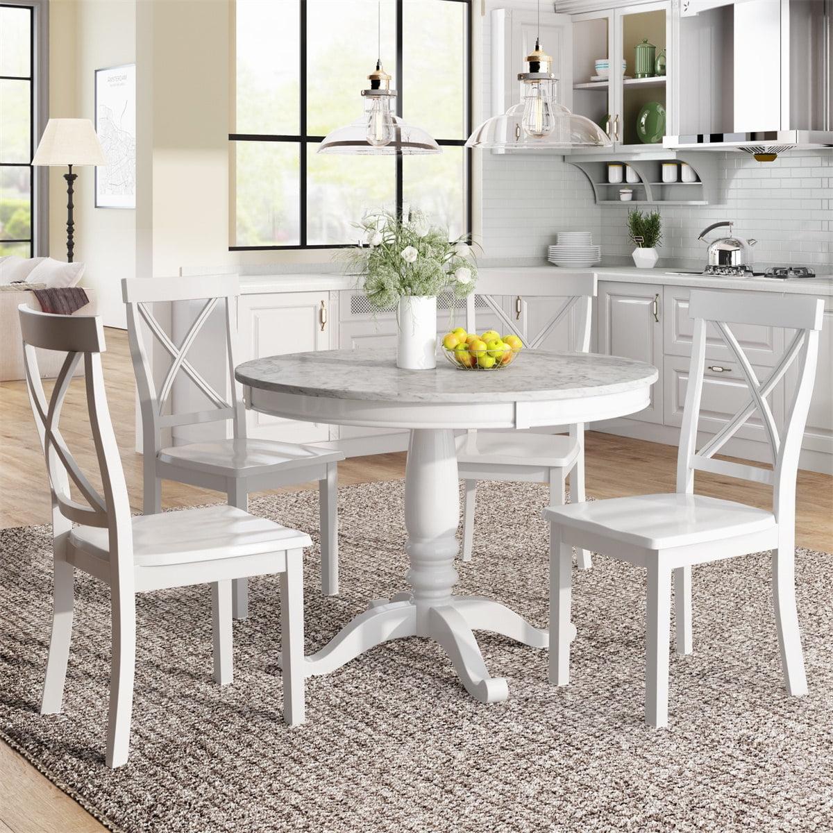 White Faux Marble Round Pedestal Dining Set with 4 Cross Back Chairs