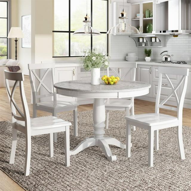 5 Pieces Dining Sets with Round Marble Top Table and 4 Chairs, Fashion Home Kitchen Table and Chairs Set for 4 Persons, Simple Dining Table Set, Steady and Durable, White